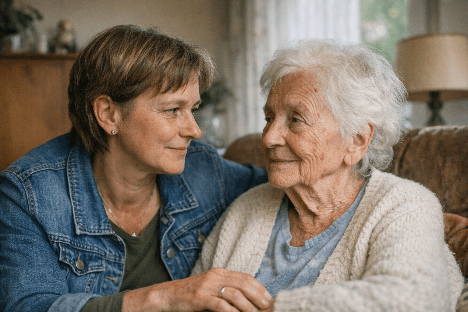 Angehörige spricht einfühlsam mit Demenzkranker Angehörige spricht einfühlsam mit Demenzkranker