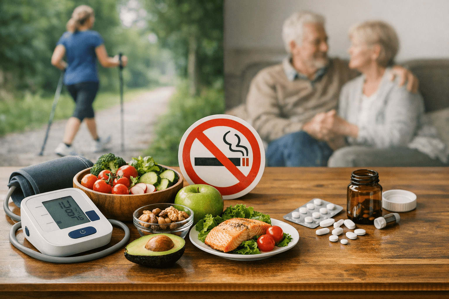 Prävention von Schlaganfall Infografik zu Schlaganfallprävention mit Symbolen für Blutdruckmessung, gesunde Ernährung, Bewegung, Nichtrauchen und Medikamente