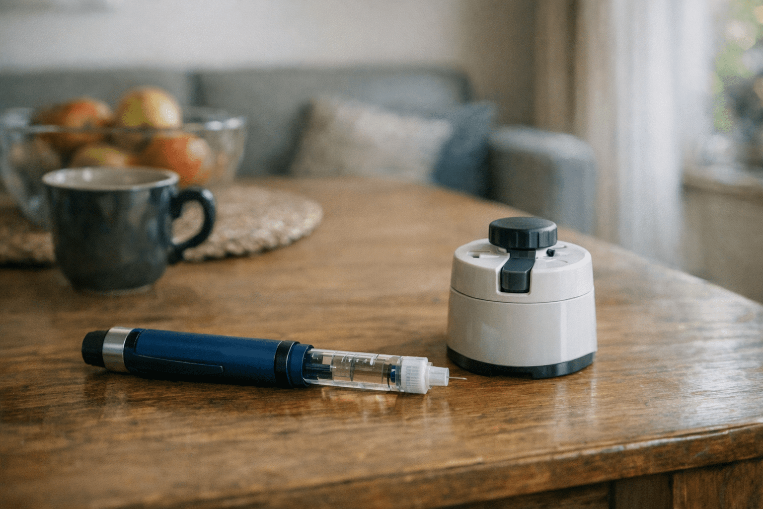Insulinpen und Dosierhilfe auf Holztisch Insulinpen und Dosierhilfe auf Holztisch