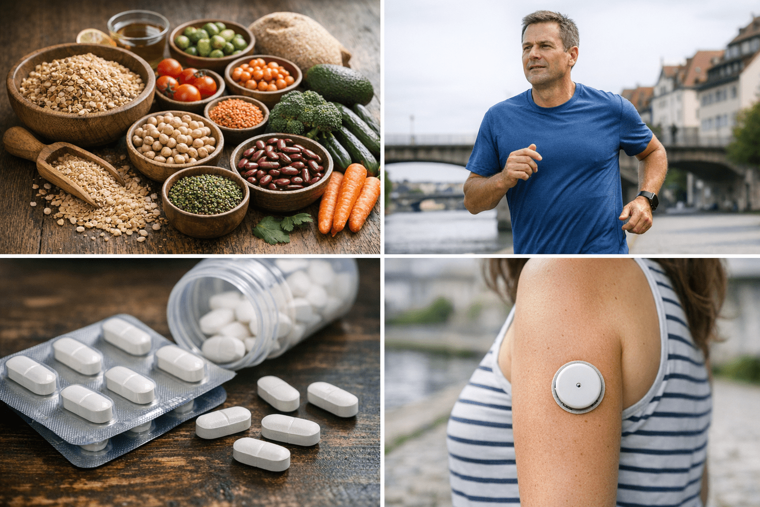 Strategien zur Senkung des HbA1c Wertes Collage mit gesunden Lebensmitteln, Bewegung, Medikamenten und Glukosemessgerät zur HbA1c-Senkung