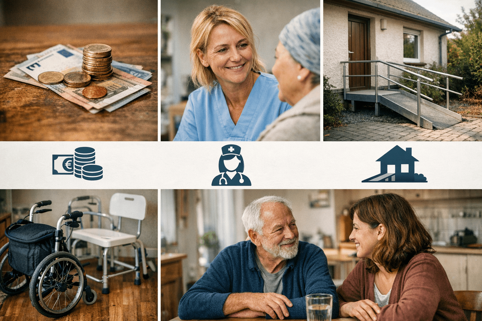 Leistungen Pflegegrad Krebs Infografik Infografik zu Leistungen bei Pflegegrad für Krebspatienten mit Symbolen für Geld Pflegekraft Haus und Hilfsmittel