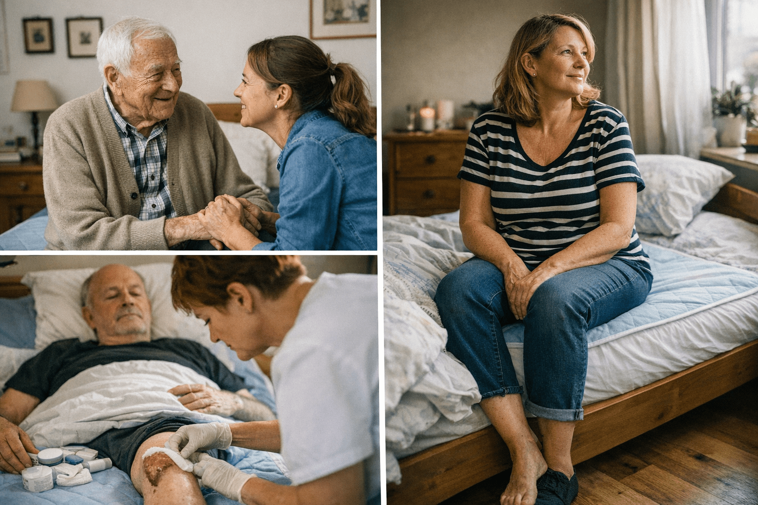 verschiedene Nutzergruppen von waschbaren Bettschutzeinlagen Verschiedene Nutzergruppen von waschbaren Bettschutzeinlagen: Senior mit Pflegekraft, Frau mit leichter Inkontinenz, bettlägeriger Patient