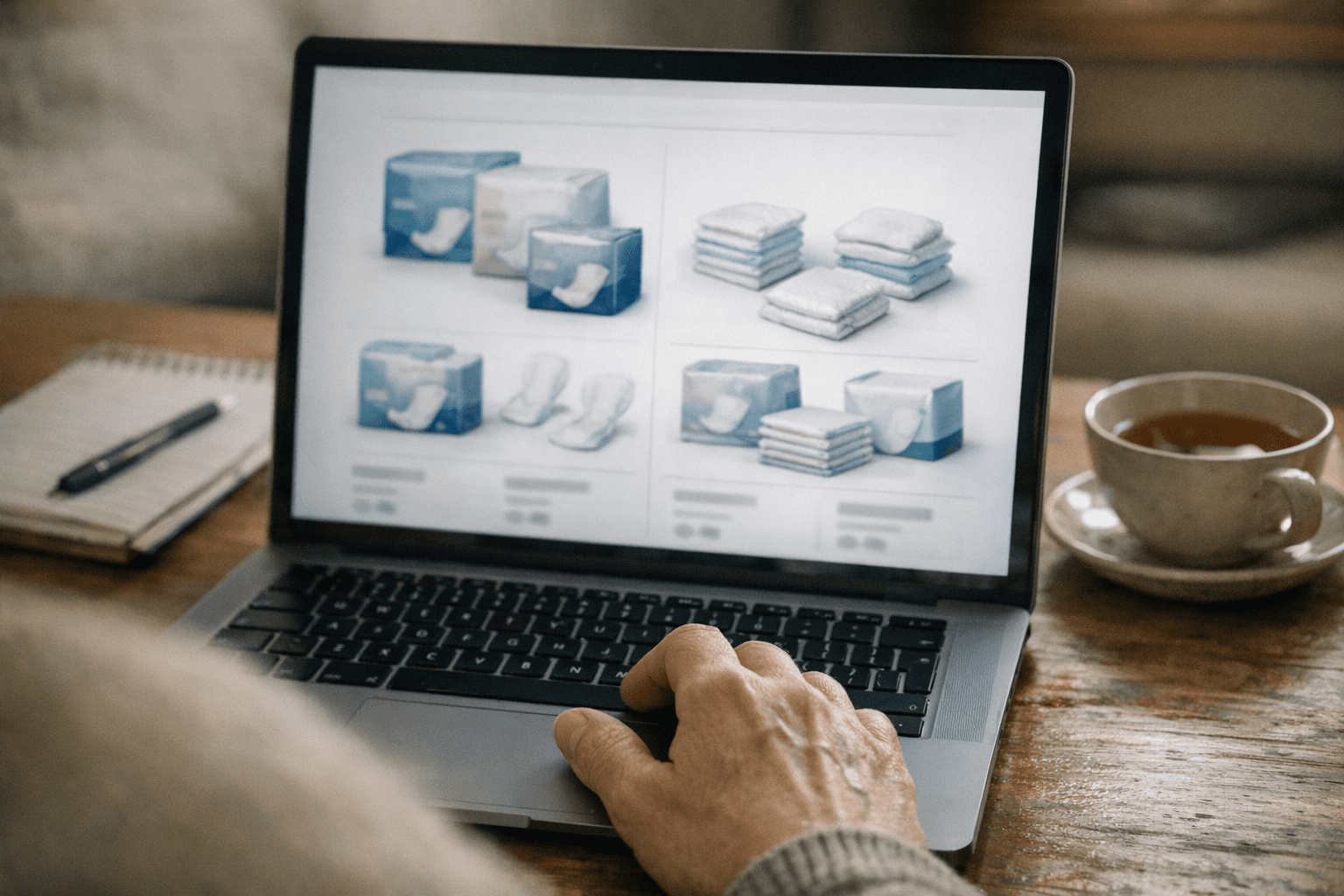 Online-Bestellung von Inkontinenzeinlagen auf einem Laptop Online-Bestellung von Inkontinenzeinlagen auf einem Laptop