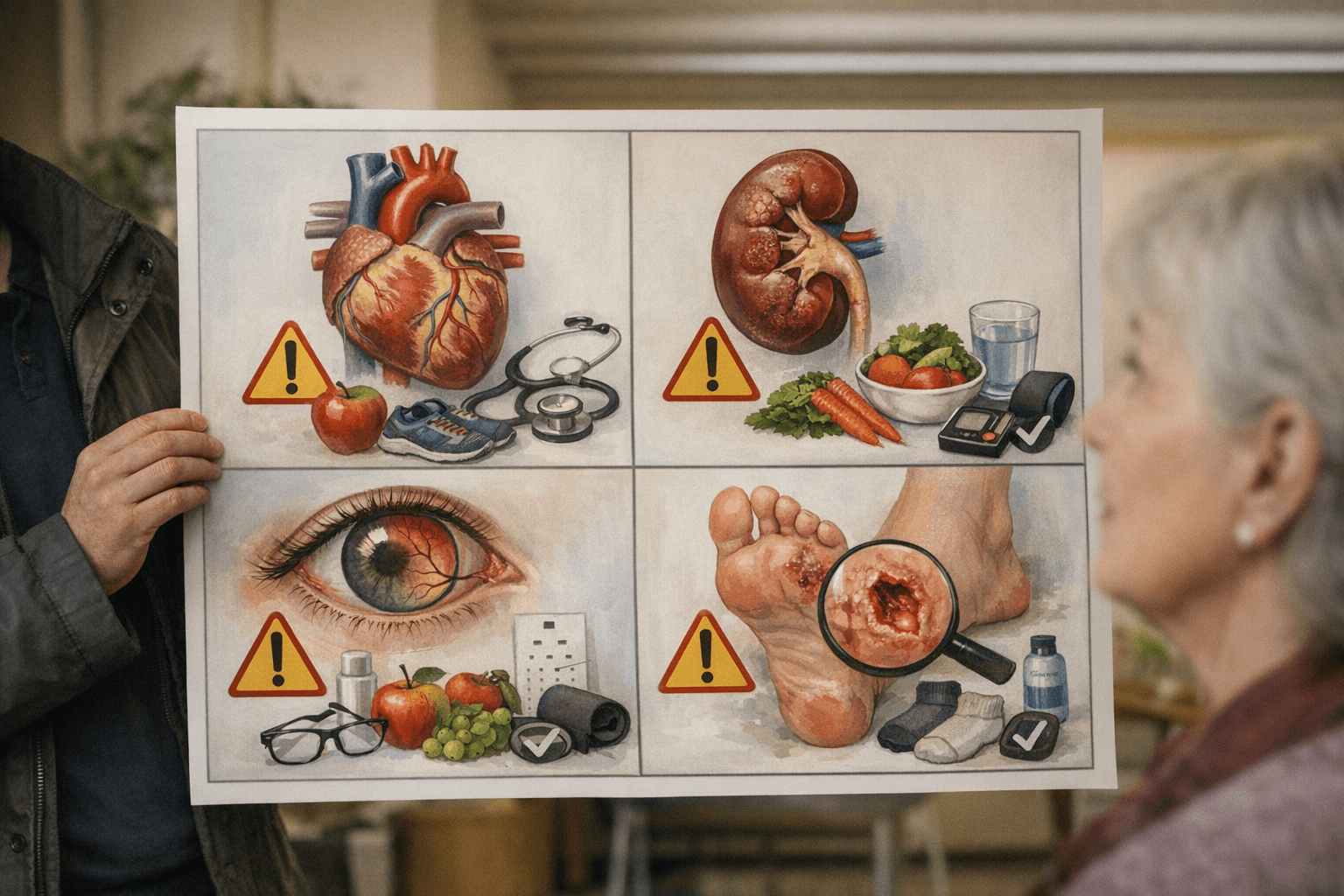 Komplikationen bei Typ-2-Diabetes Komplikationen bei Typ-2-Diabetes mit Herz, Niere, Auge und Fuß als medizinische Illustration