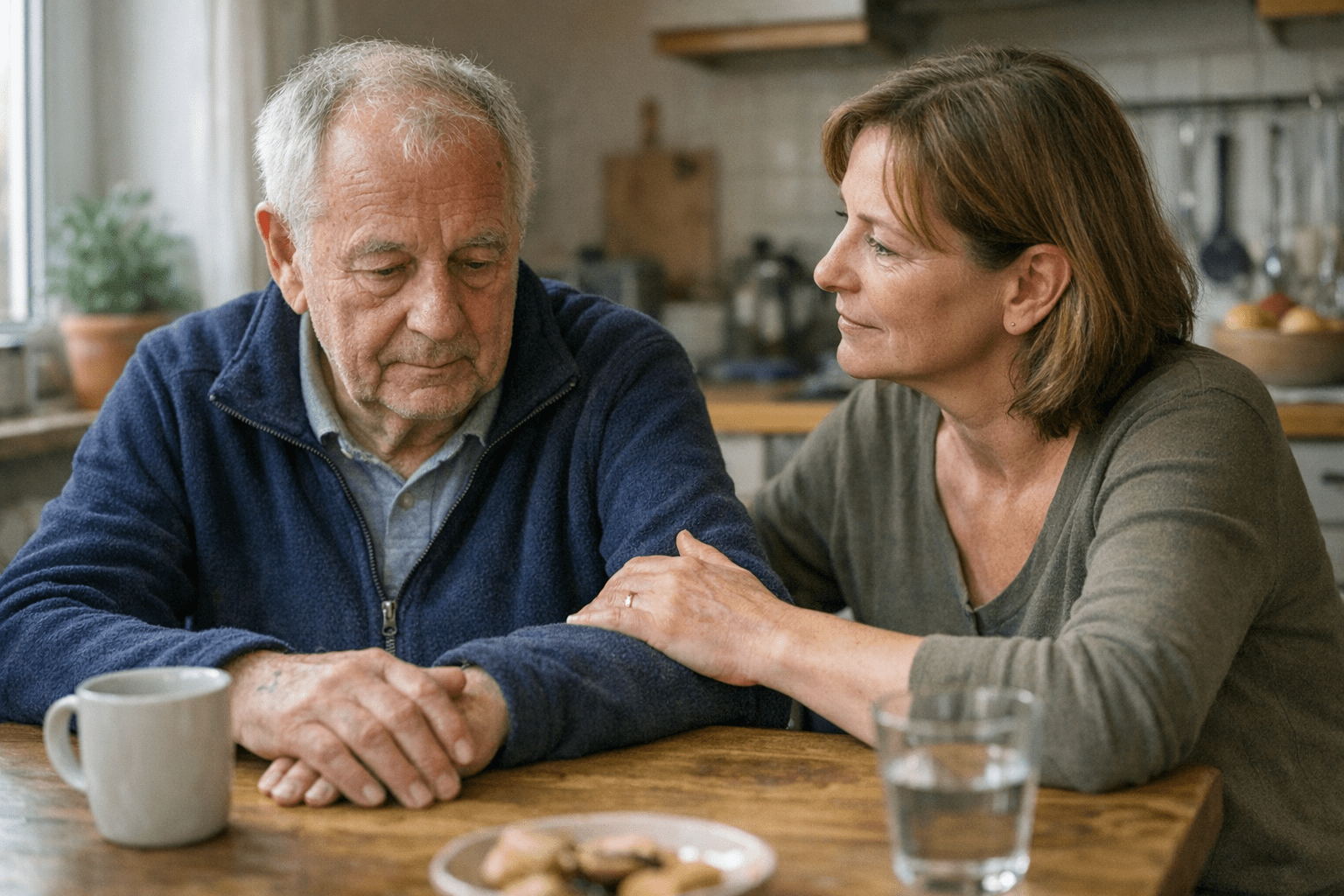 Angehörige unterstützen Parkinson-Patienten Eine Frau unterstützt einen älteren Mann mit Parkinson am Küchentisch in einer ruhigen, unterstützenden Atmosphäre
