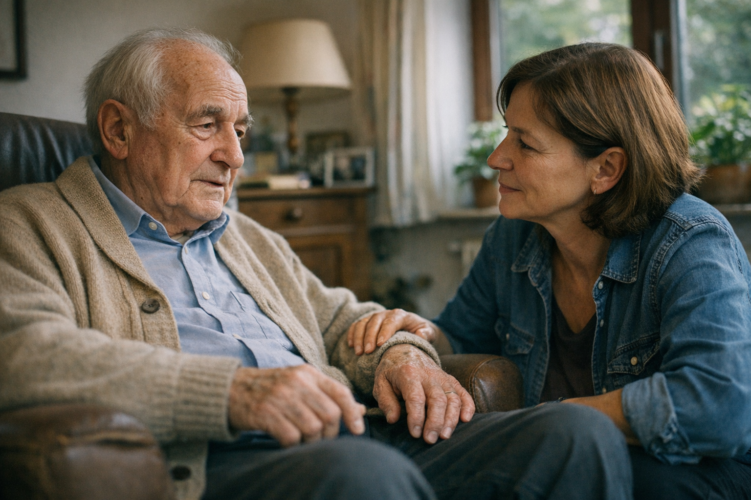 Parkinson-Betroffener mit Angehörigem im Alltag Ältere Person mit Parkinson und Angehöriger in ruhiger Alltagssituation, beide wirken vertrauensvoll und unterstützt