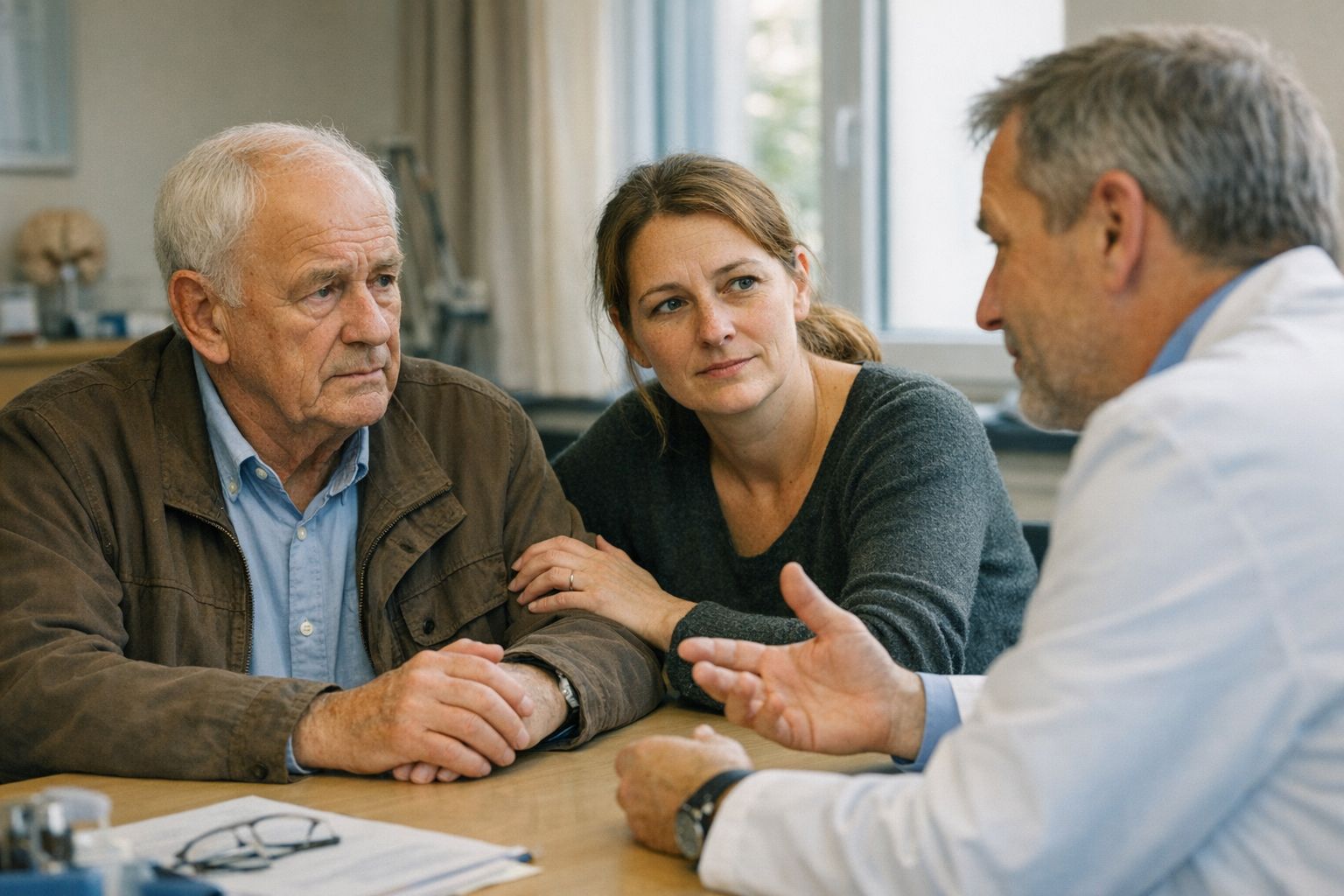 Parkinson Diagnose Gespräch Ein älterer Mann und seine erwachsene Tochter sprechen in einer Arztpraxis mit einem einfühlsamen Arzt über die Parkinson-Diagnose und Pflegeoptionen. Die Szene wirkt ruhig, vertrauensvoll und unterstützend.