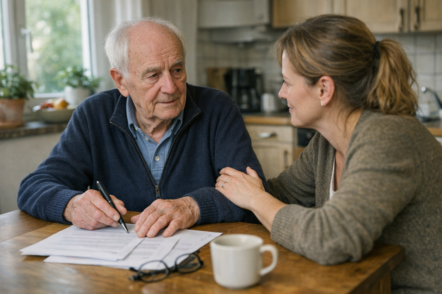 Älterer Mann mit Angehöriger beim Gespräch Älterer Mann mit Parkinson sitzt mit Angehöriger am Tisch und bespricht Unterlagen in ruhiger Atmosphäre