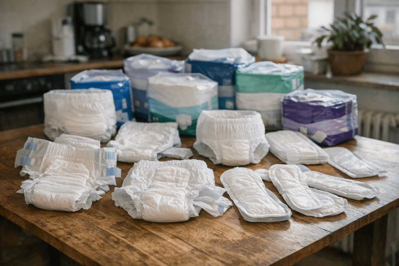 verschiedene Windelhosen für Erwachsene auf einem Tisch Verschiedene Windelhosen für Erwachsene auf einem Tisch