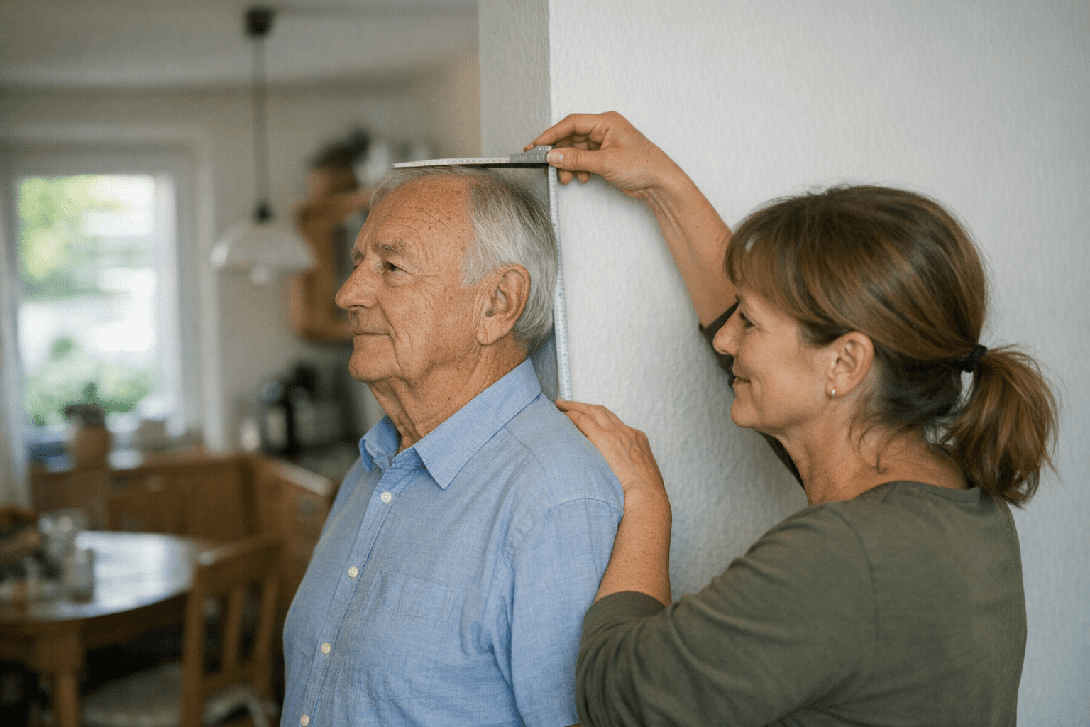 Aeltere Person misst ihre Koerpergroesse zu Hause Aeltere Person misst ihre Koerpergroesse zu Hause