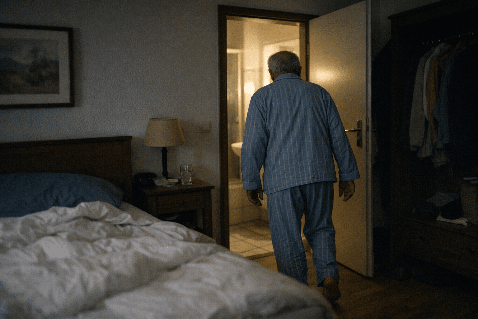 Senior steht nachts im dunklen Schlafzimmer auf und geht zur Toilette Senior steht nachts im dunklen Schlafzimmer auf und geht zur Toilette