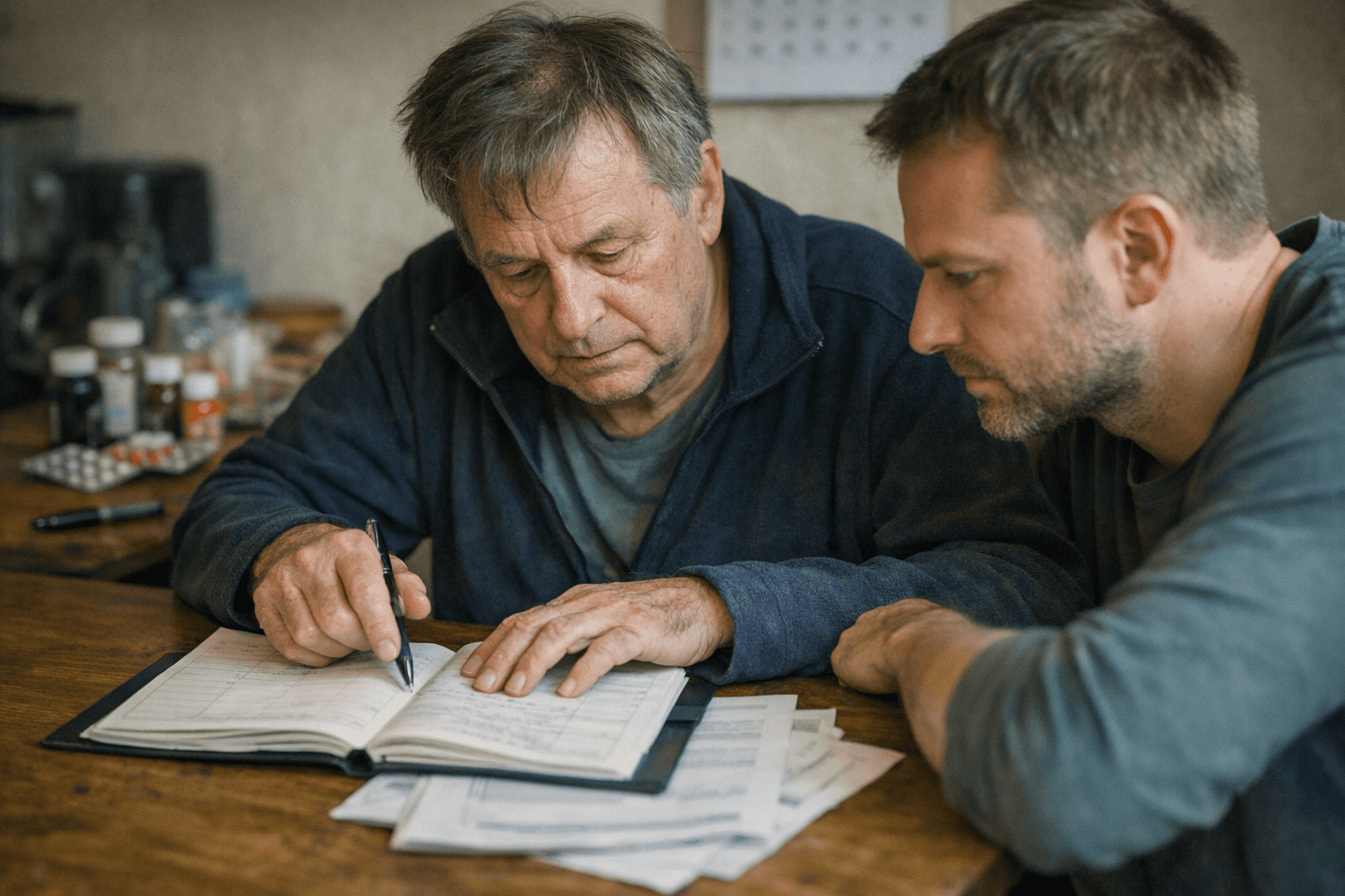 Parkinson-Patient mit Angehörigem bei der Vorbereitung auf die Pflegegradbegutachtung Parkinson-Patient mit Angehörigem bei der Vorbereitung auf die Pflegegradbegutachtung