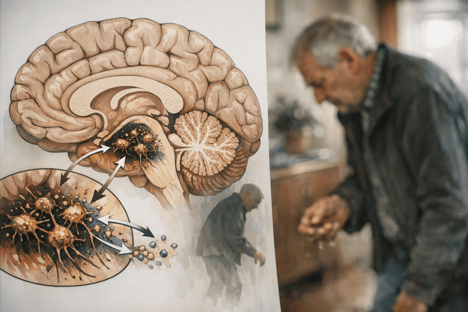 Pathophysiologie von Parkinson Detaillierte medizinische Illustration des menschlichen Gehirns mit Fokus auf die Substantia nigra und degenerierende dopaminerge Neuronen. Im Hintergrund eine Silhouette einer Person mit gebeugter Haltung und zitternder Hand als Symbol für Parkinson-Symptome.