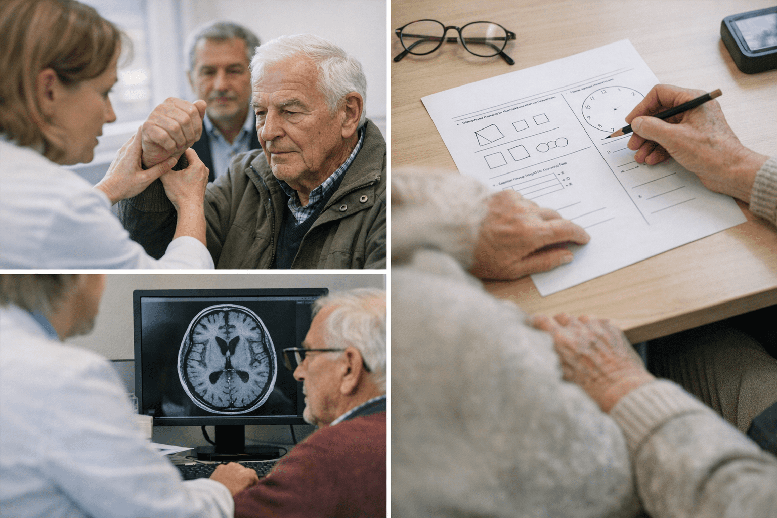 Diagnostische Verfahren bei Parkinson und Demenz Collage diagnostischer Werkzeuge für Parkinson und Demenz: Neurologe bei motorischer Untersuchung, neuropsychologischer Testbogen und MRT-Bild auf Monitor in moderner Arztpraxis.