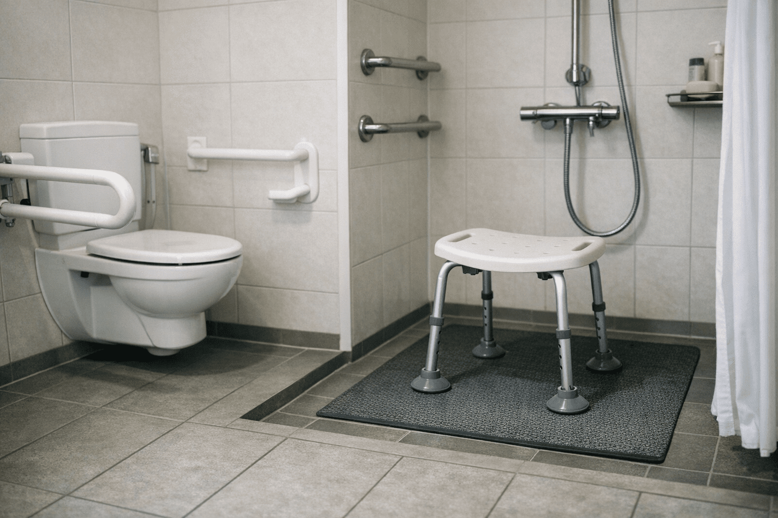 Hilfsmittel im Badezimmer für Parkinson Modernes Badezimmer mit Haltegriffen, rutschfester Matte und Duschhocker für mehr Sicherheit bei Parkinson