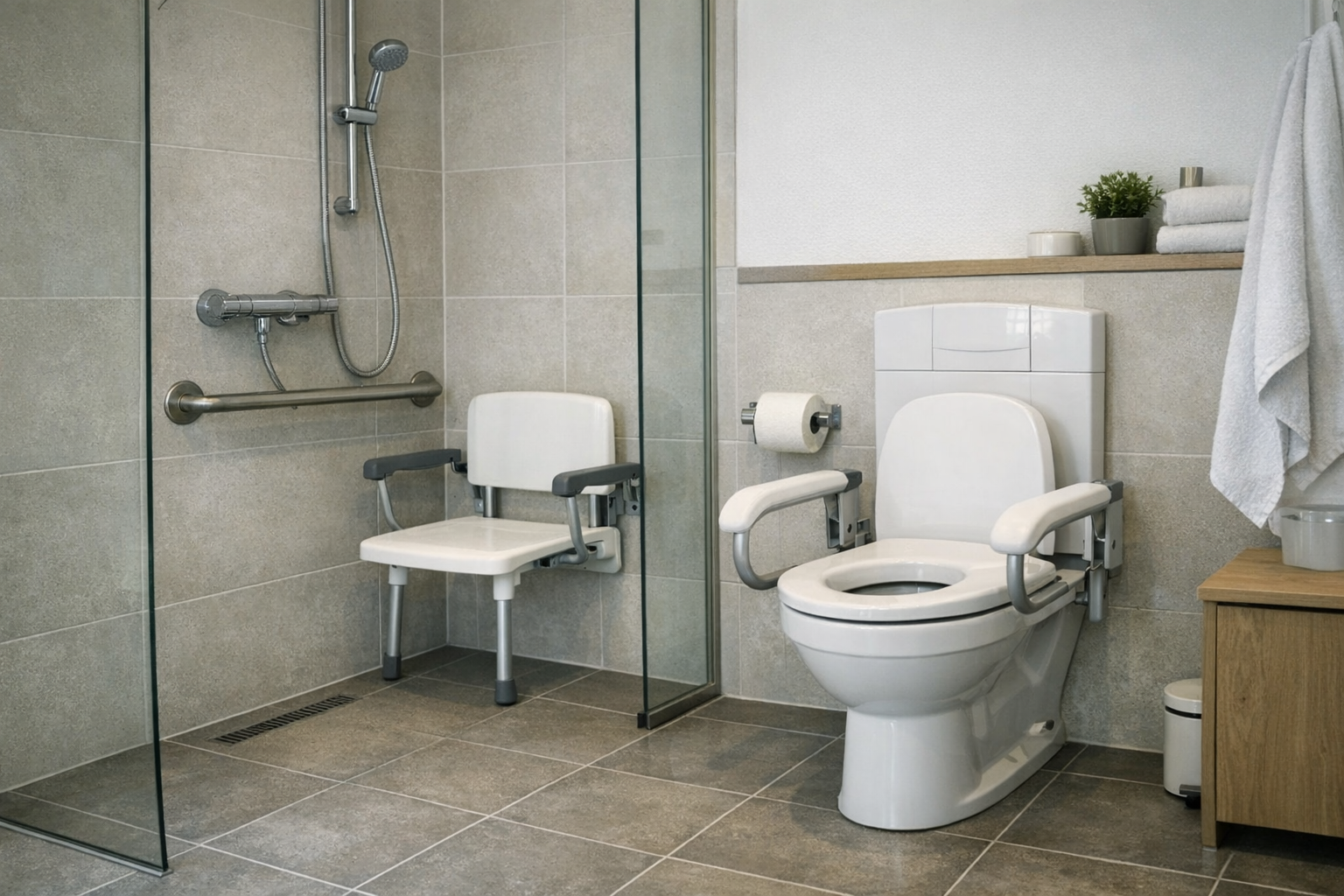 Barrierefreies Badezimmer Modernes, barrierefreies Badezimmer mit ebenerdiger Dusche, Haltegriffen und erhöhtem Toilettensitz