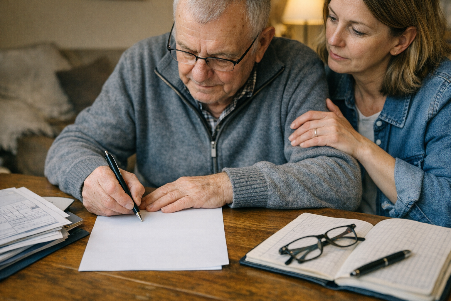 Widerspruch gegen Pflegegrad-Ablehnung Person schreibt Widerspruch gegen Pflegegrad-Ablehnung, medizinische Unterlagen und Pflegetagebuch liegen bereit, konzentrierte und sachliche Atmosphäre