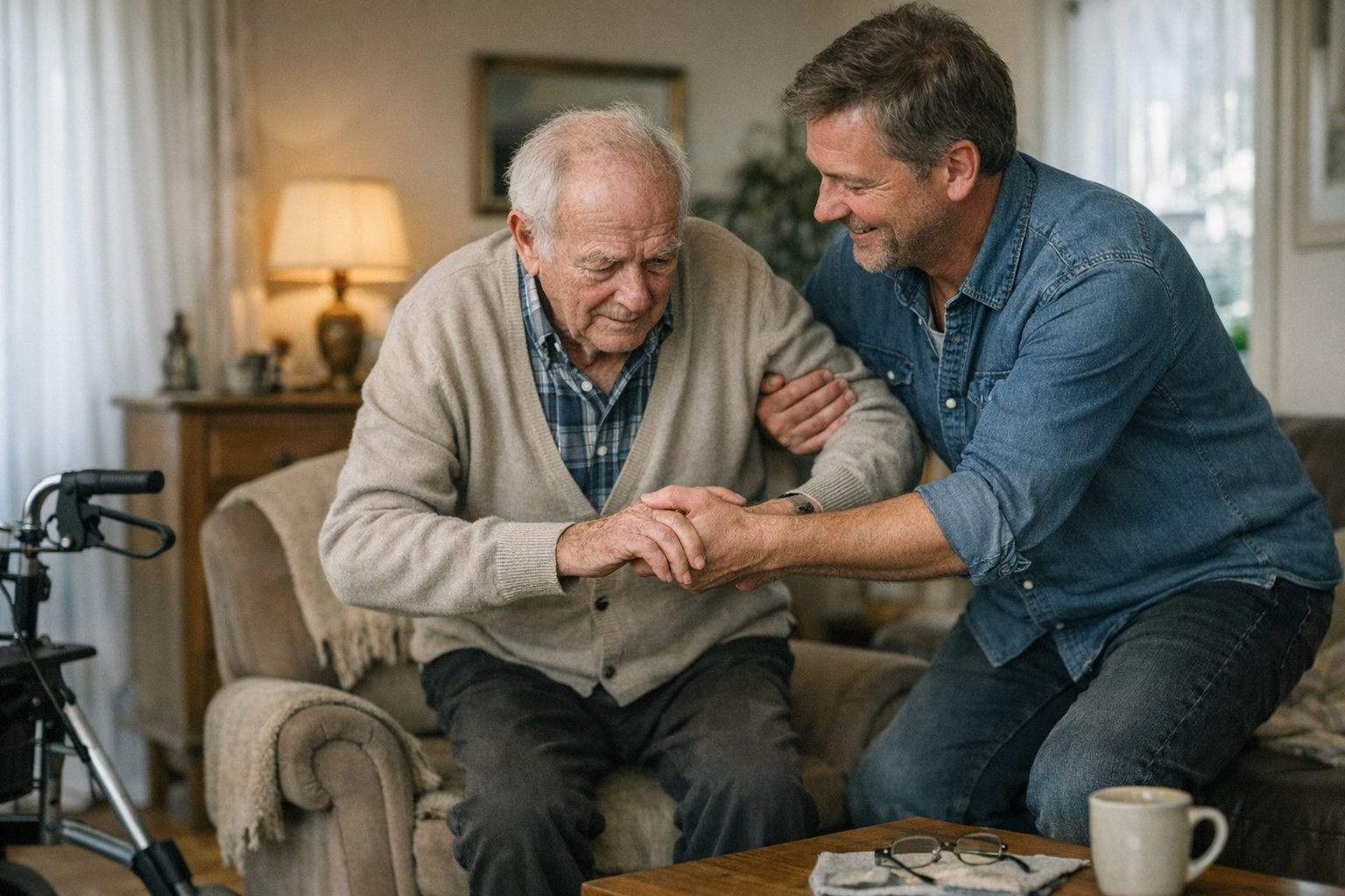 Alltag mit Parkinson und Pflegebedarf Ein älterer Mann mit sichtbaren Parkinson-Symptomen wird im Wohnzimmer von einer fürsorglichen Betreuungsperson beim Aufstehen aus dem Sessel unterstützt. Die Szene ist würdevoll und freundlich.