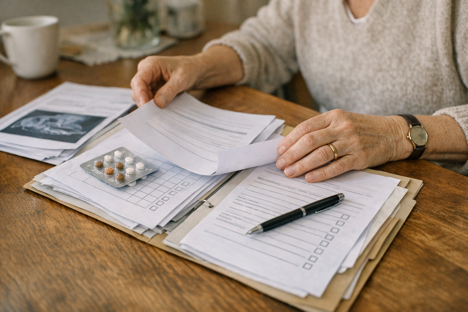 Vorbereitung Pflegegrad-Antrag Unterlagen Hände ordnen medizinische Unterlagen, Pflegetagebuch und Medikationsplan für den Pflegegrad-Antrag in ruhiger Umgebung
