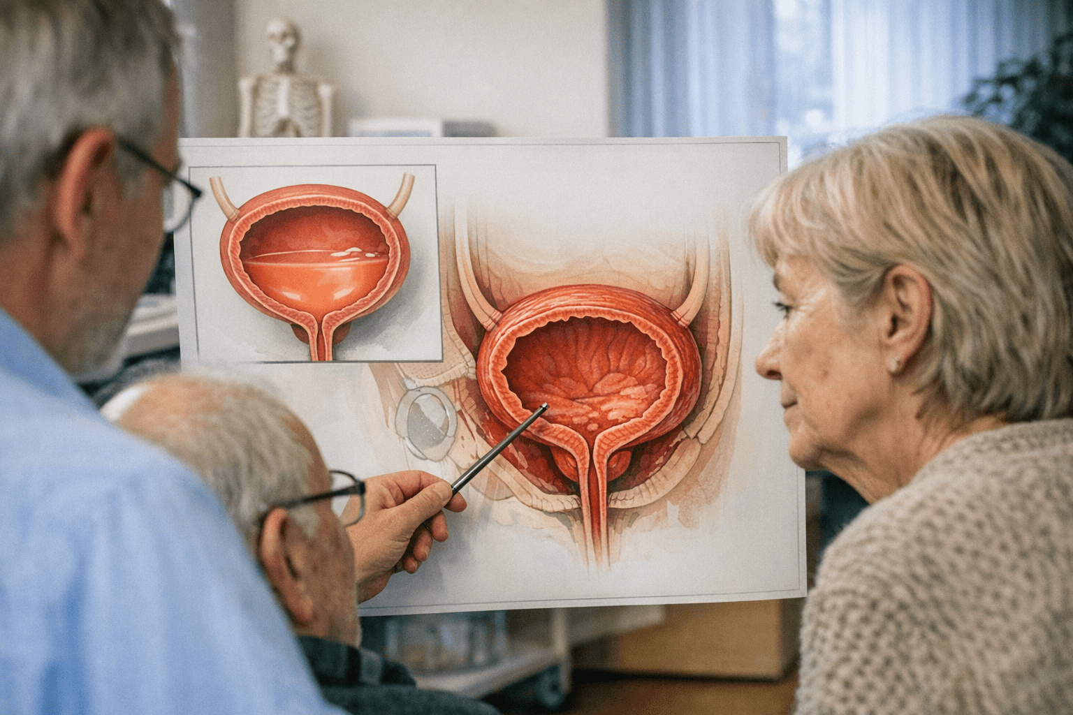 Medizinische Illustration einer Blase mit reduzierter Kapazität im Alter Medizinische Illustration einer Blase mit reduzierter Kapazität im Alter