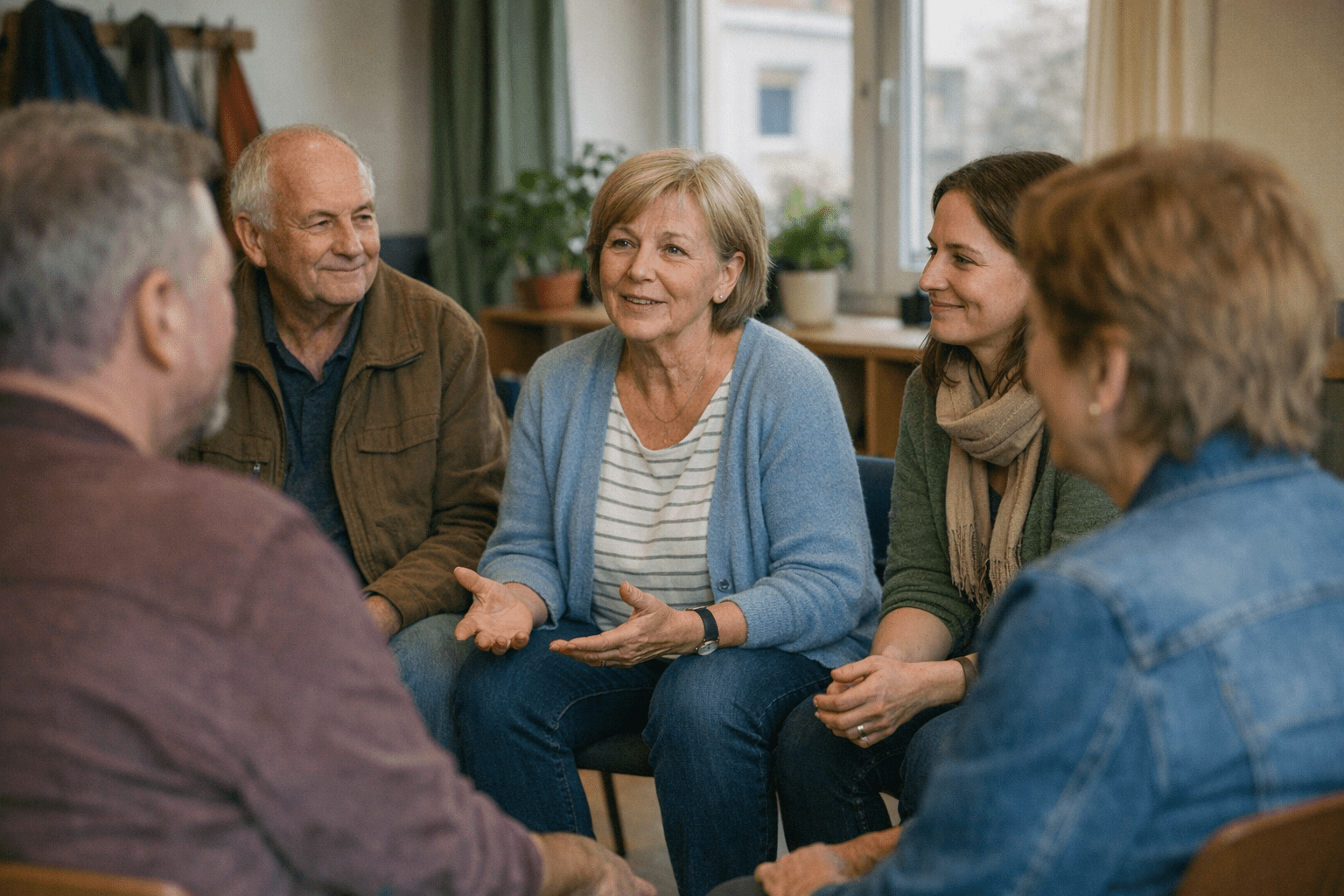Selbsthilfegruppe für Angehörige Selbsthilfegruppe von Angehörigen und Betroffenen im Gespräch in einem freundlichen Raum