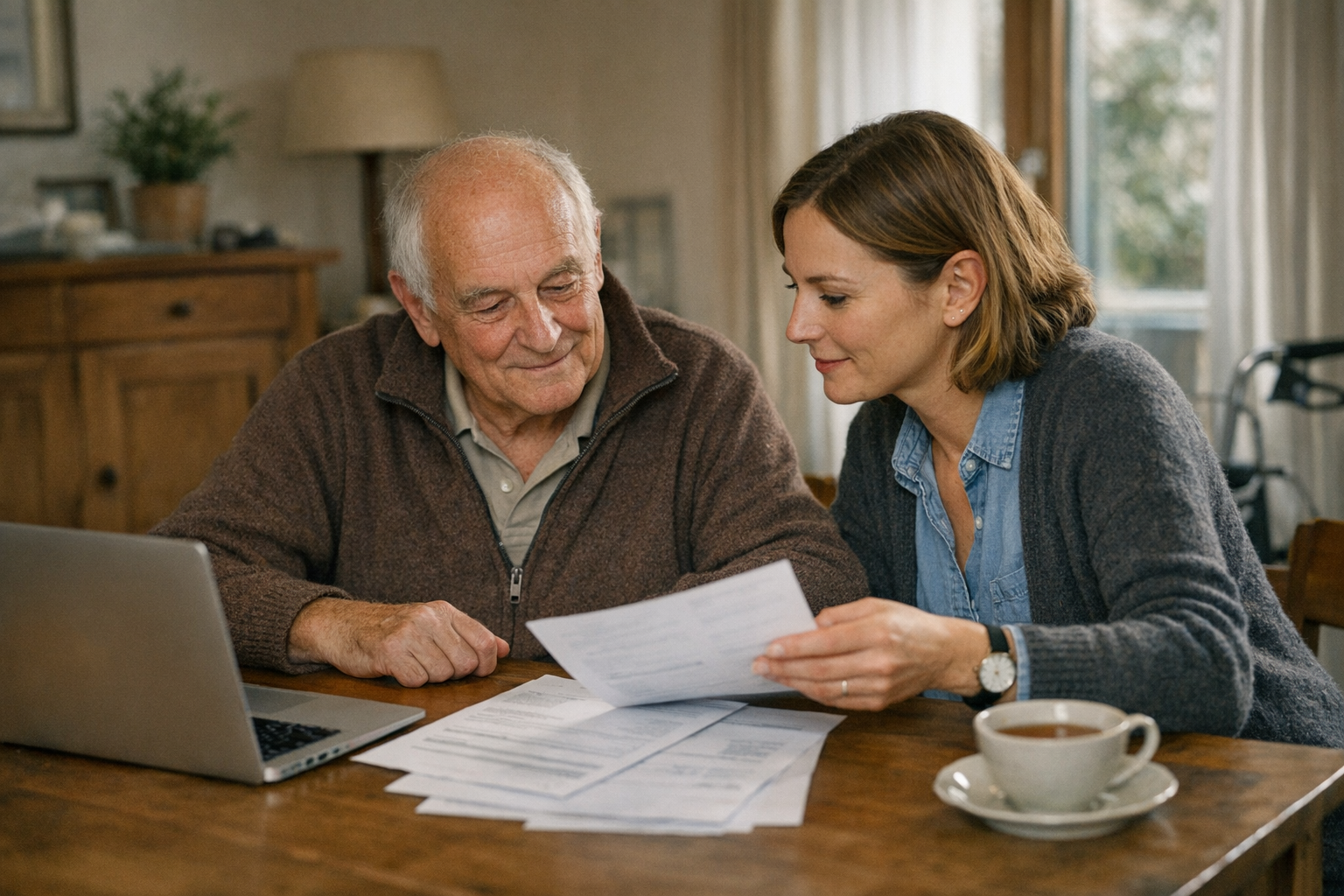 Beratung und Antragstellung Beratungsgespräch zwischen Senior und Berater mit Unterlagen und Laptop am Tisch