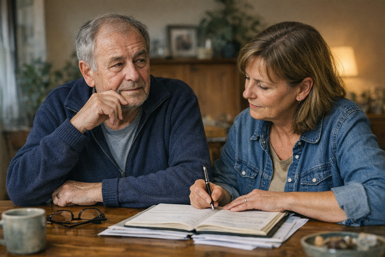 Vorbereitung auf die Pflegebegutachtung Ein Parkinson-Patient und eine vertraute Person sitzen gemeinsam am Tisch und füllen konzentriert ein Pflegetagebuch zur Vorbereitung auf die Begutachtung aus. Die Stimmung ist ruhig und unterstützend.