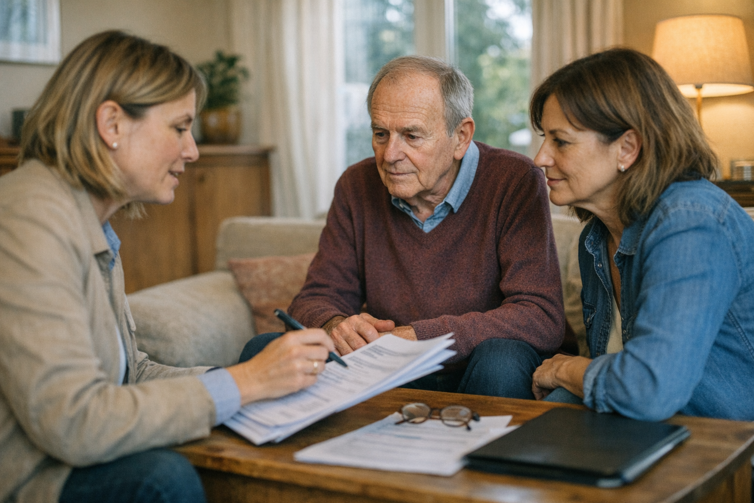 Pflegeberatungsgespräch mit Angehörigen Pflegeberaterin erklärt Parkinson-Patient und Angehöriger in gemütlicher Wohnumgebung die nächsten Schritte