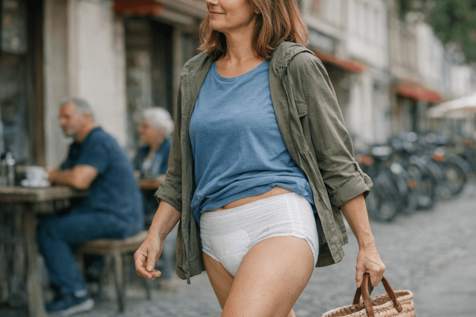 Person testet Inkontinenzunterwäsche auf Alltagstauglichkeit Person testet Inkontinenzunterwäsche auf Alltagstauglichkeit