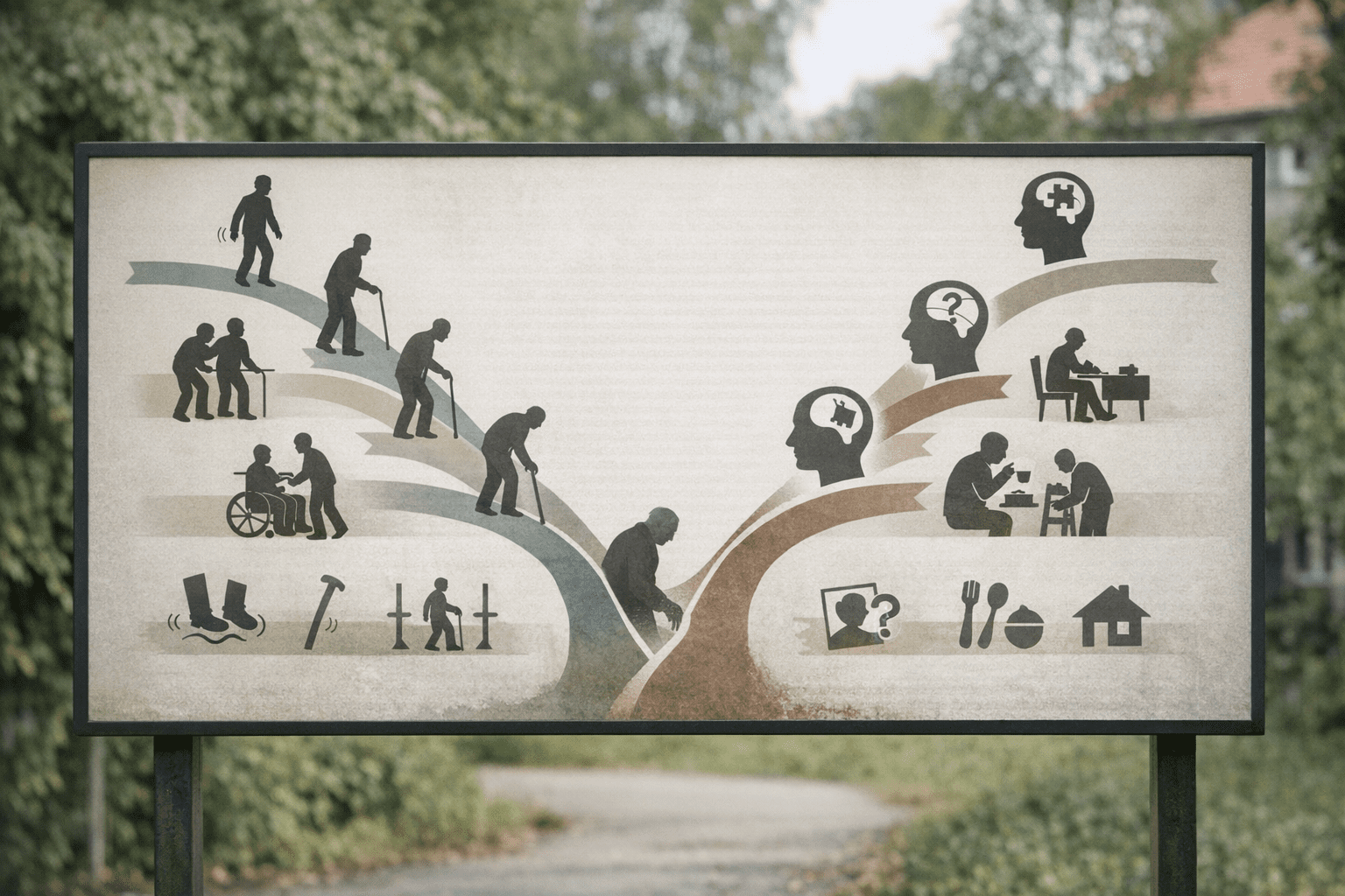 Krankheitsverlauf und Prognose bei Parkinson und Demenz Zeitstrahl-Grafik mit Progressionsstadien von Parkinson und Demenz: links fünf Parkinson-Stadien mit Bewegungs- und Gleichgewichtssymbolen, rechts drei Demenz-Stadien mit Gedächtnis- und Alltagsaktivitätssymbolen, in der Mitte ein zusammenlaufender Pfad für Parkinson-Demenz.