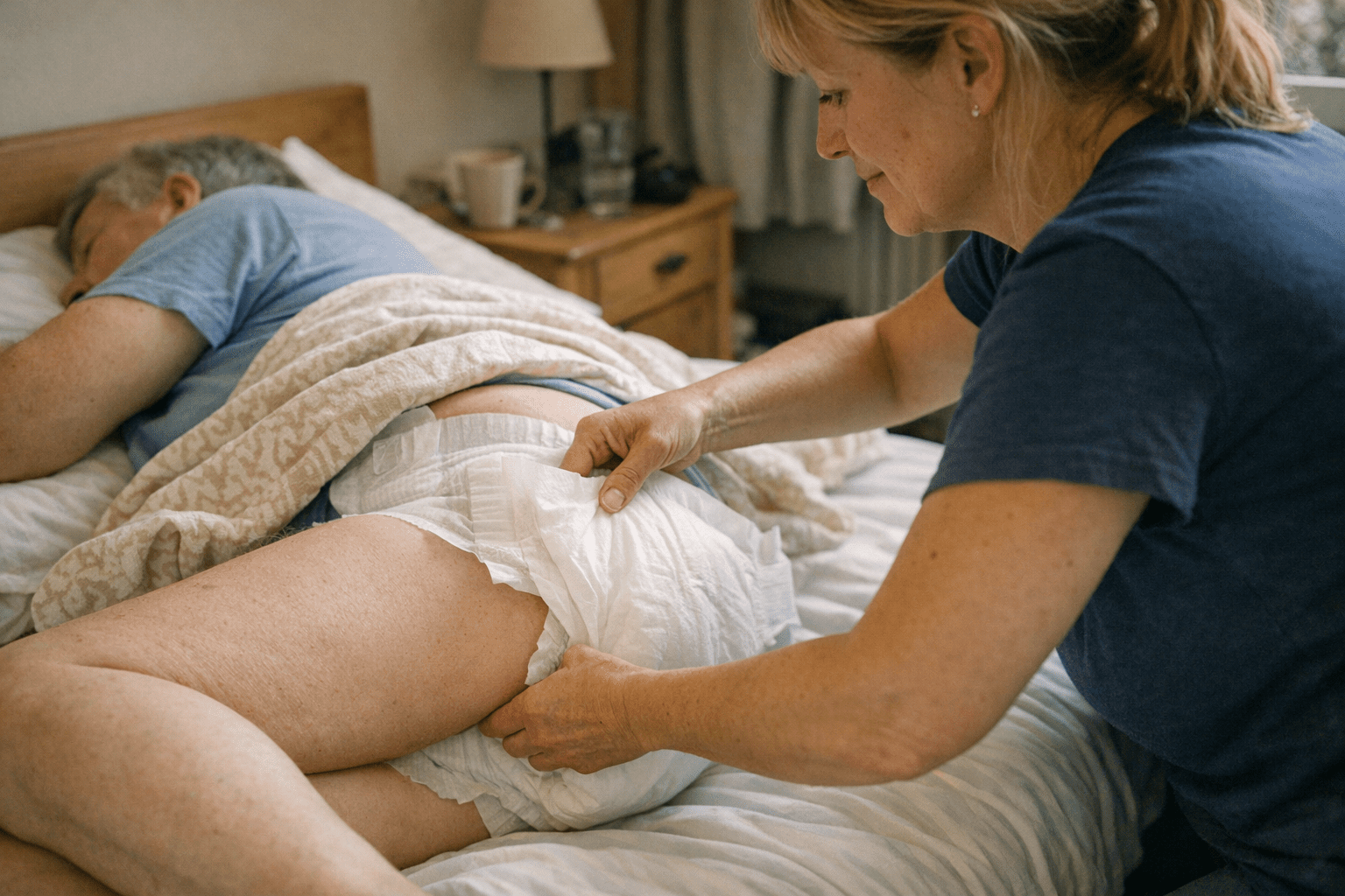 Anlegen einer Erwachsenenwindel im Liegen Anlegen einer Erwachsenenwindel im Liegen