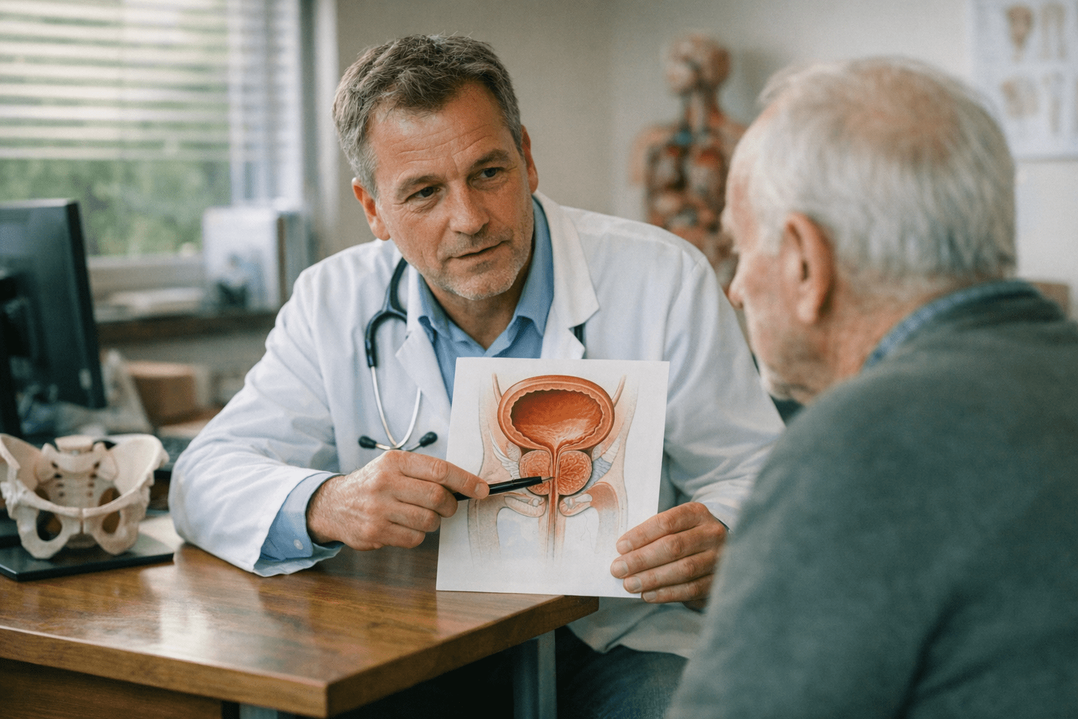 Arzt erklärt älterem Mann die Ursachen von Nykturie Arzt erklärt älterem Mann die Ursachen von Nykturie