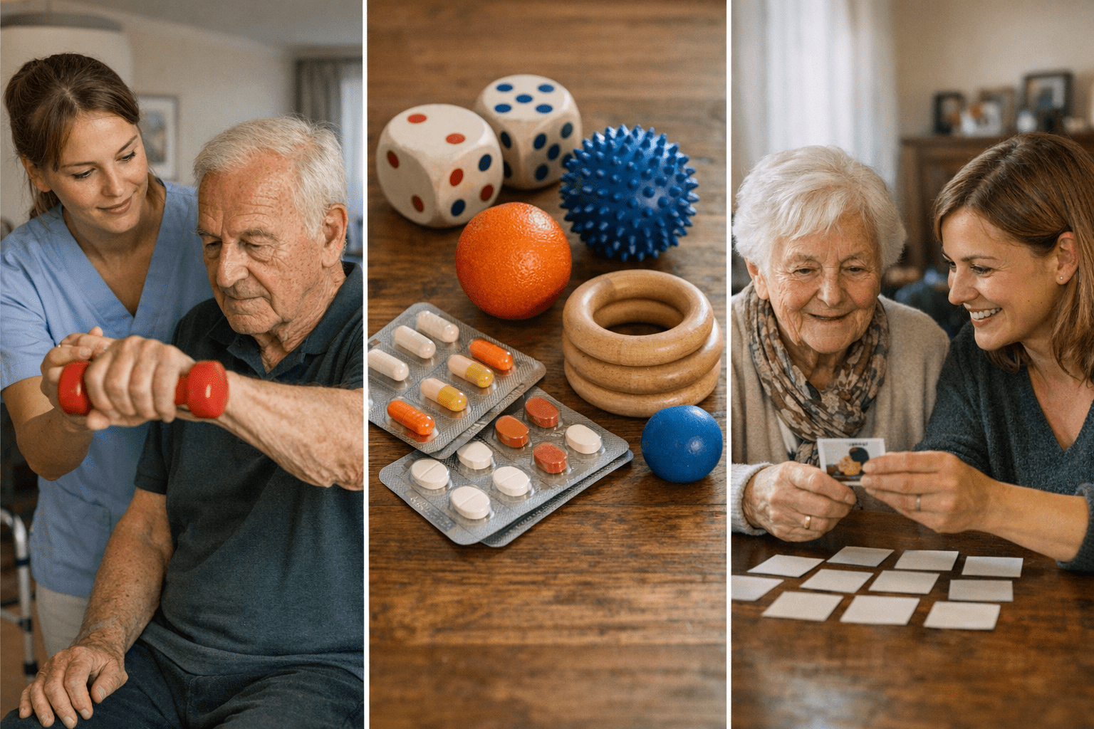 Behandlungsansätze und Pflege bei Parkinson und Demenz Geteiltes Bild: links eine Pflegekraft bei Physiotherapie mit älterem Mann (Parkinson-Pflege), rechts eine Betreuerin bei Gedächtnisspiel mit älterer Frau (Demenzpflege), in der Mitte Medikamente und Therapiewerkzeuge als Symbol für kombinierte Behandlung.