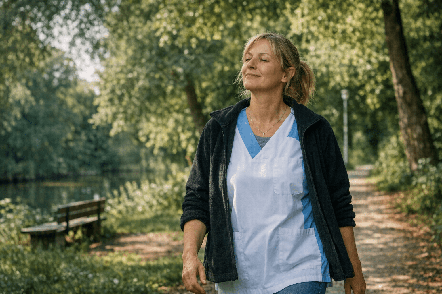 Selbstfürsorge für pflegende Angehörige Pflegende Angehörige macht einen Spaziergang im Park zur Selbstfürsorge und Entspannung