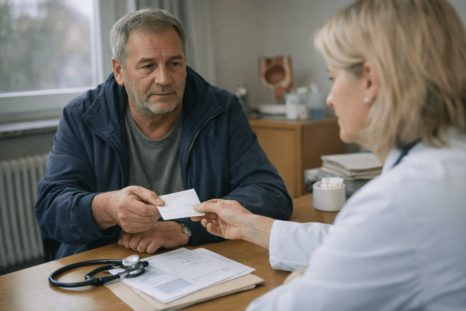Erwachsene Person erhält Windelrezept vom Arzt Erwachsene Person erhält Windelrezept vom Arzt