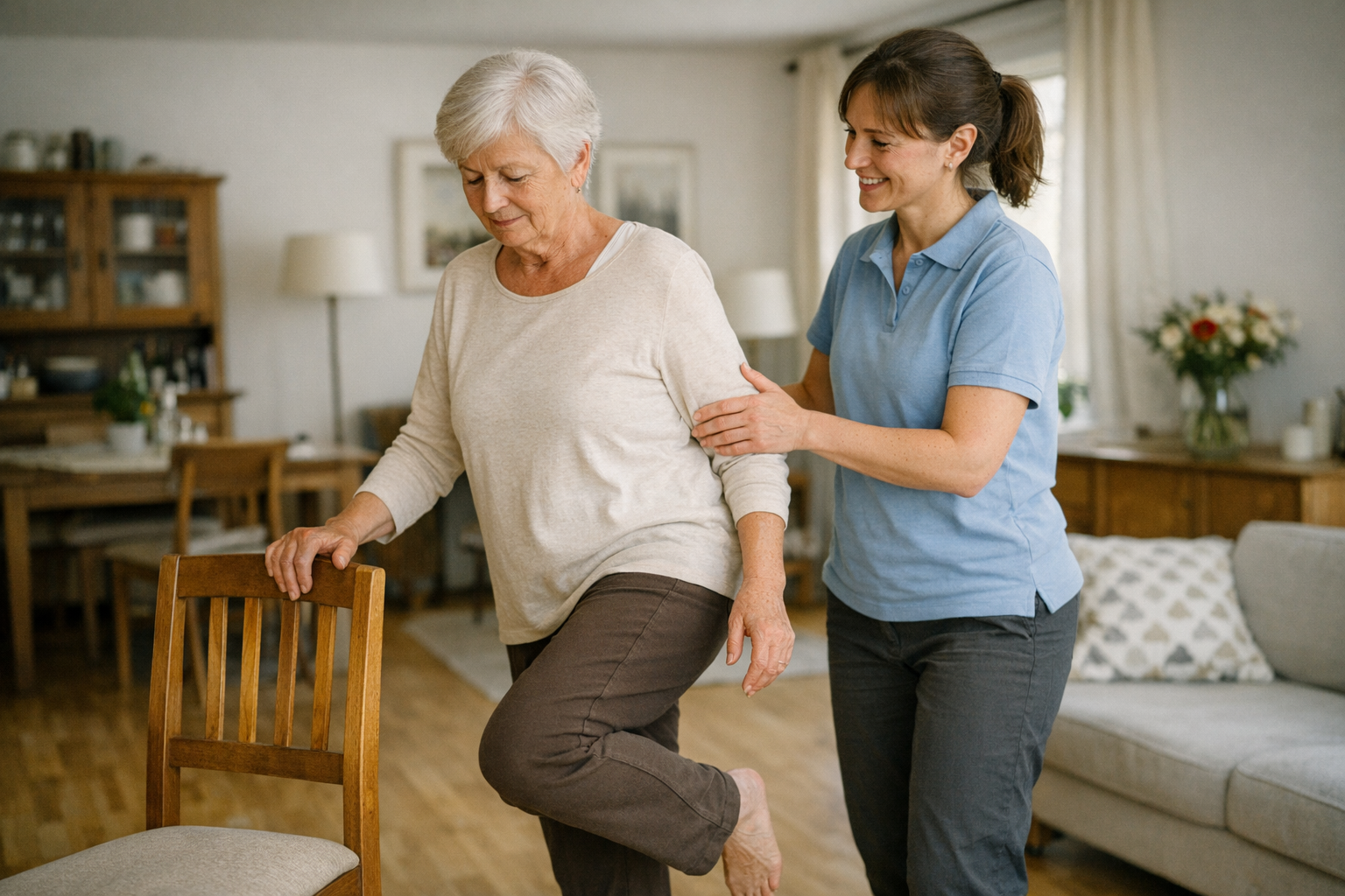 Alltagsszene mit Bewegung zur Knochengesundheit Ruhige Alltagsszene mit sanfter Bewegung zur Unterstützung der Knochengesundheit