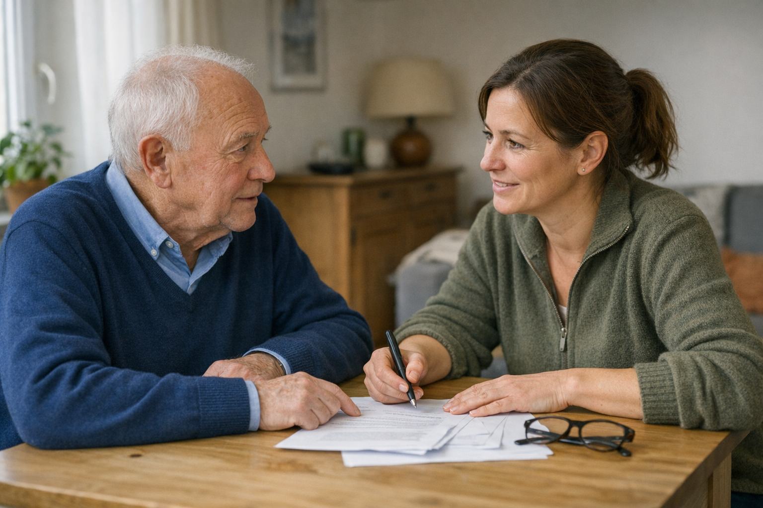 Family members and those in need of care at home in conversation Relatives and those in need of care discuss the care organization at home.