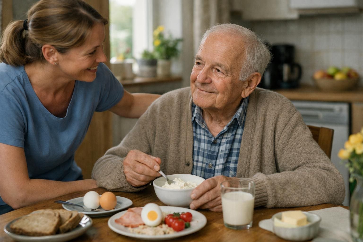 Ausgewogene Mahlzeit mit eiweissreichen Lebensmitteln fuer aeltere Menschen Eiweißreiche Mahlzeit im Alltag einer älteren Person