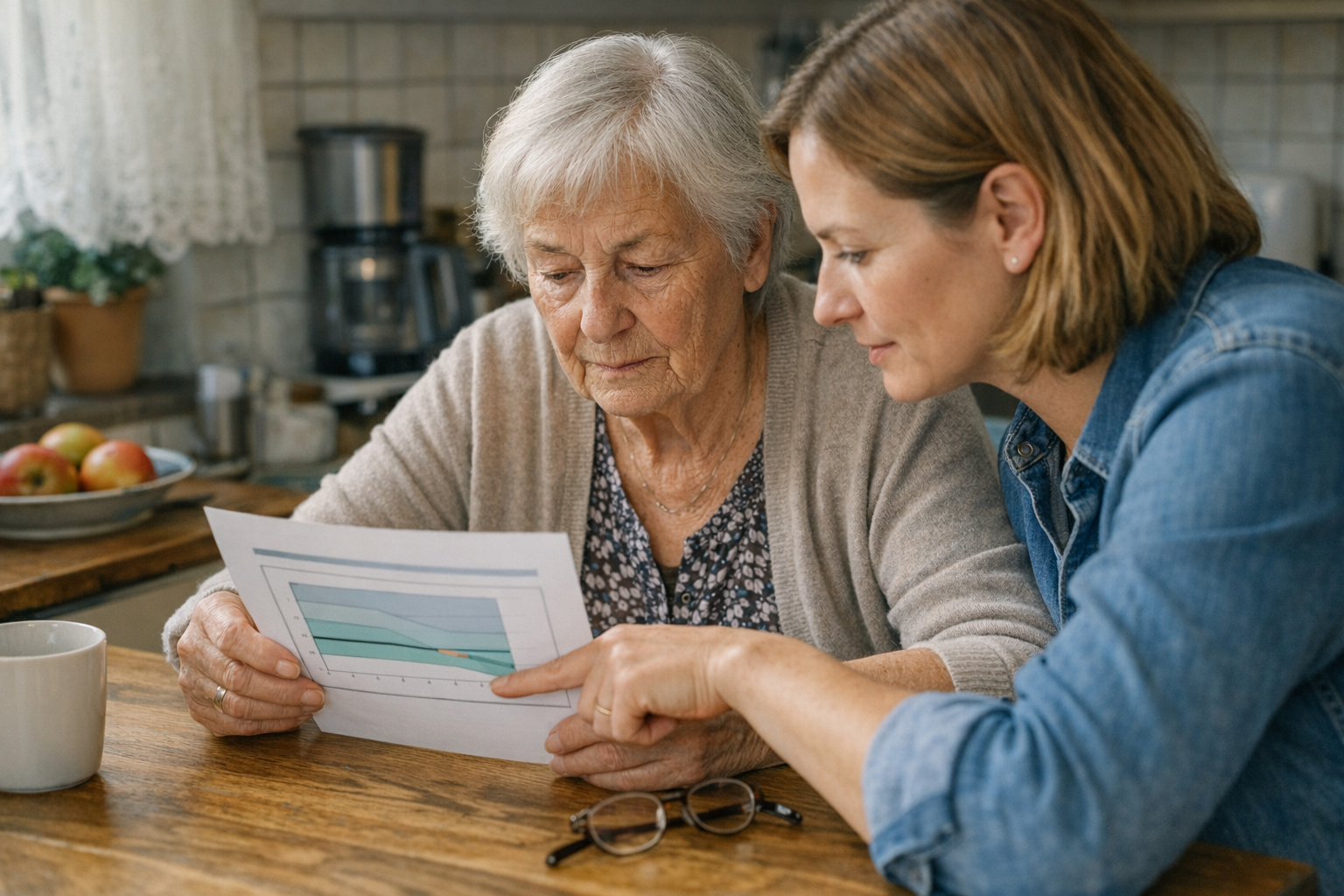 Knochengesundheit im Alltag verstehen Angehörige und ältere Person besprechen ruhig einen Knochendichte Befund