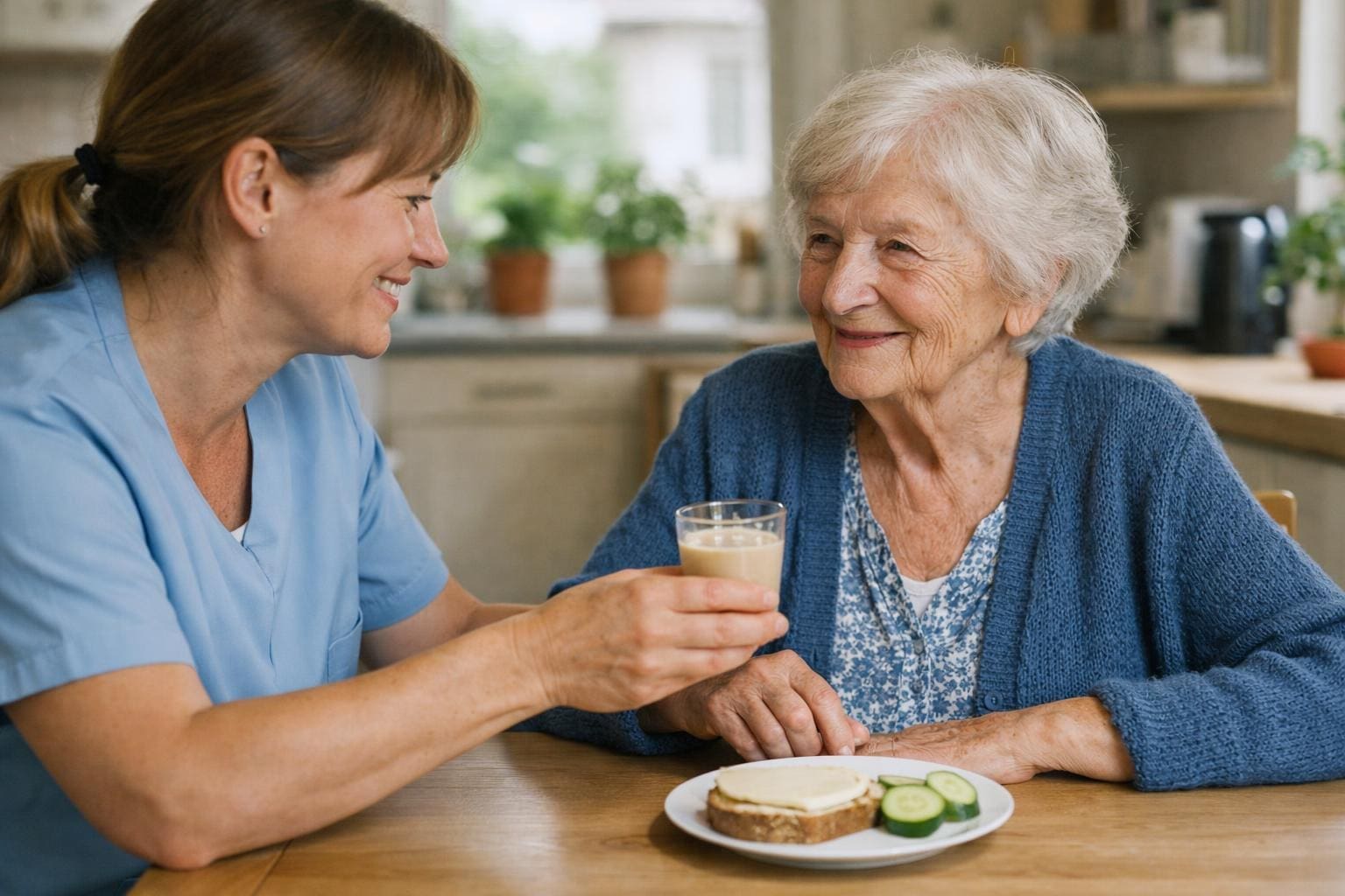 Pflegende Person reicht Seniorin ein Glas Trinknahrung Pflegende Person reicht Seniorin ein Glas Trinknahrung