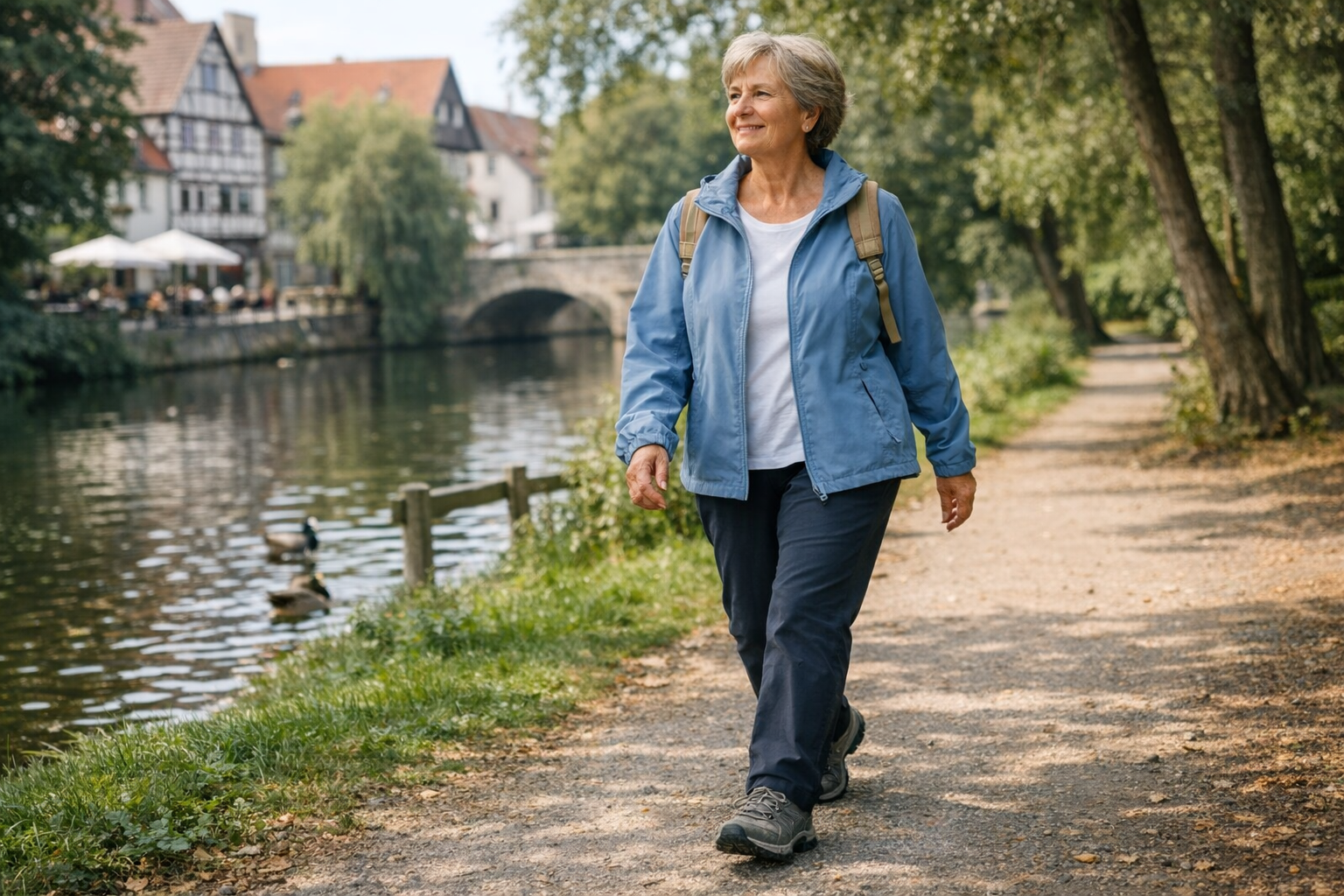 Aktiver Alltag mit Osteoporose Ältere Person bei einem ruhigen Spaziergang im Alltag