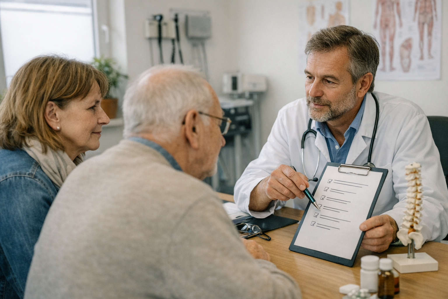 Hausarztgespraech zur osteoporose vorsorge Hausarzt berät Patient und Angehörige zur Osteoporose