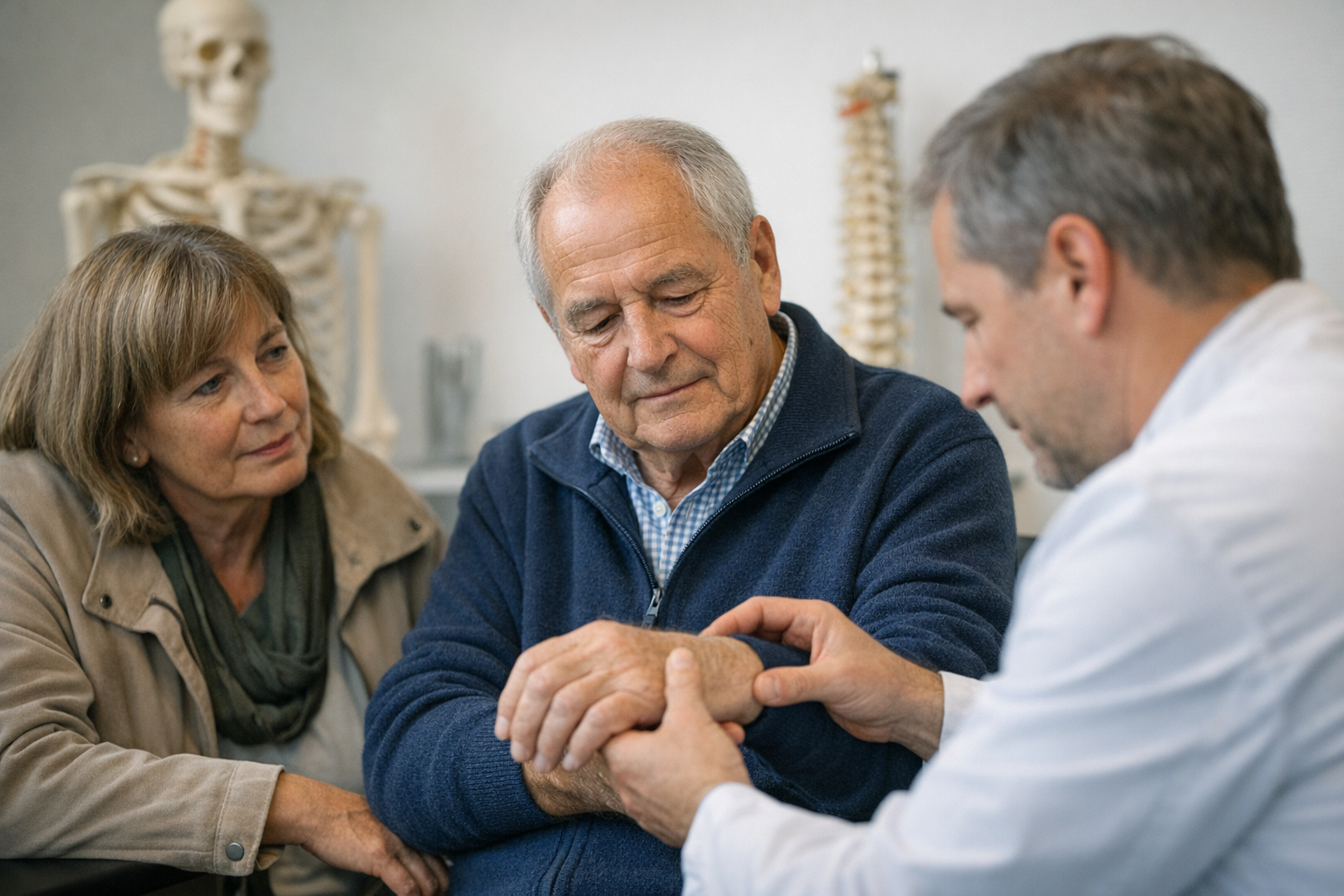 Orthopaedische untersuchung nach einem sturz Orthopäde untersucht Patient in ruhiger Sprechstunde