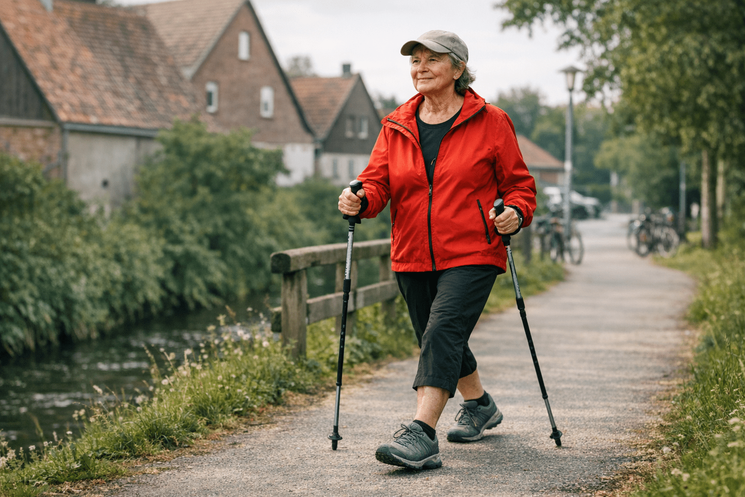 Gelenkschonende Bewegung wie Spazierengehen oder Nordic Walking Ältere Person bewegt sich gelenkschonend beim Spazierengehen oder Nordic Walking