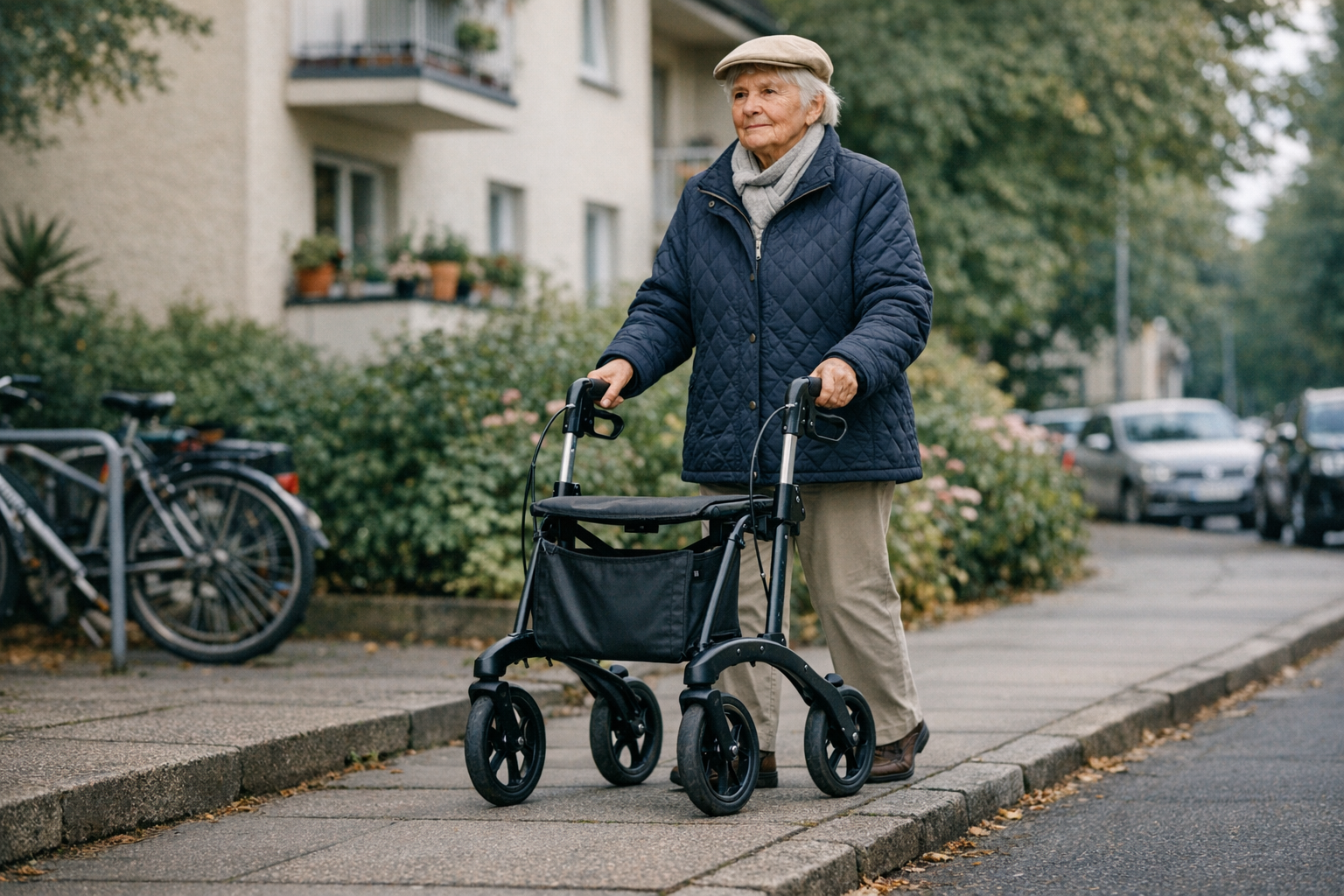 Sicher gehen mit Rollator im Alltag Ältere Person geht sicher mit Rollator