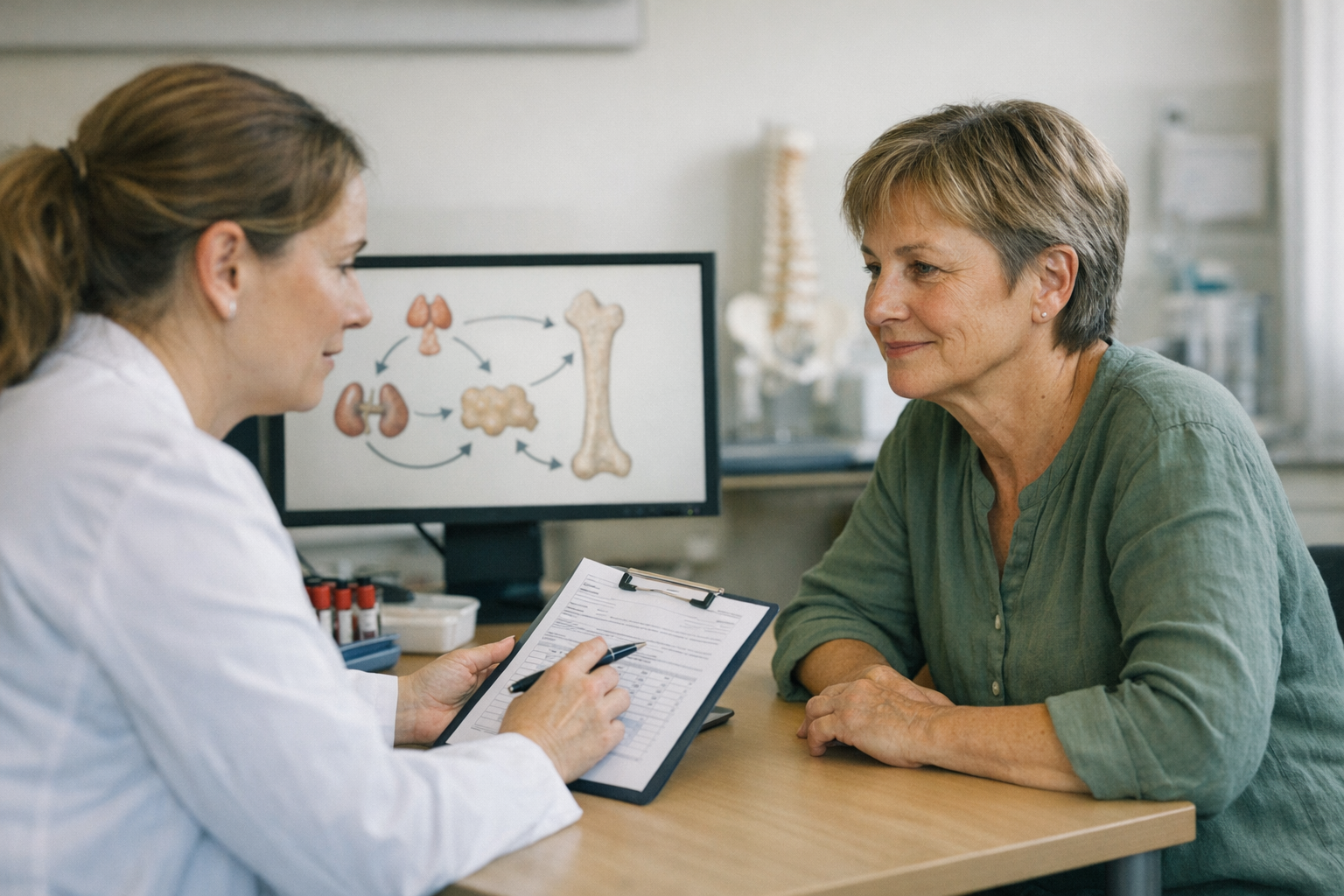 Endokrinologische abklaerung von hormonwerten Arzt bespricht Laborwerte zur hormonellen Abklärung