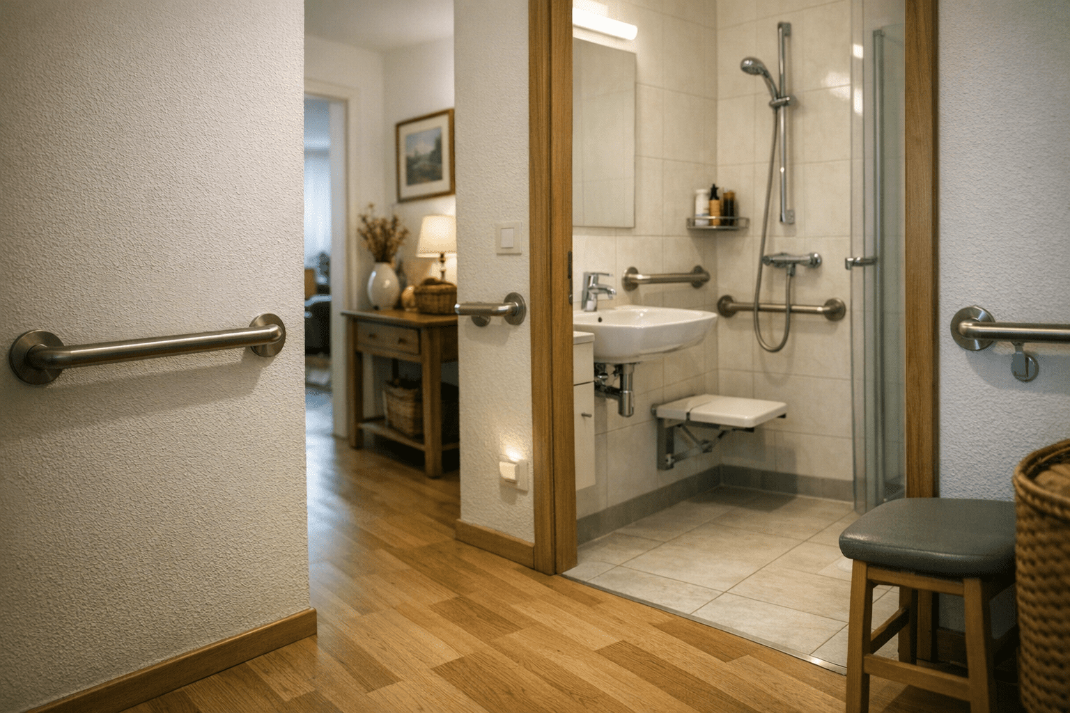 Sturzsicheres Zuhause mit guter Beleuchtung und Haltegriffen Sturzsicheres Zuhause mit freiem Weg guter Beleuchtung und Haltegriffen