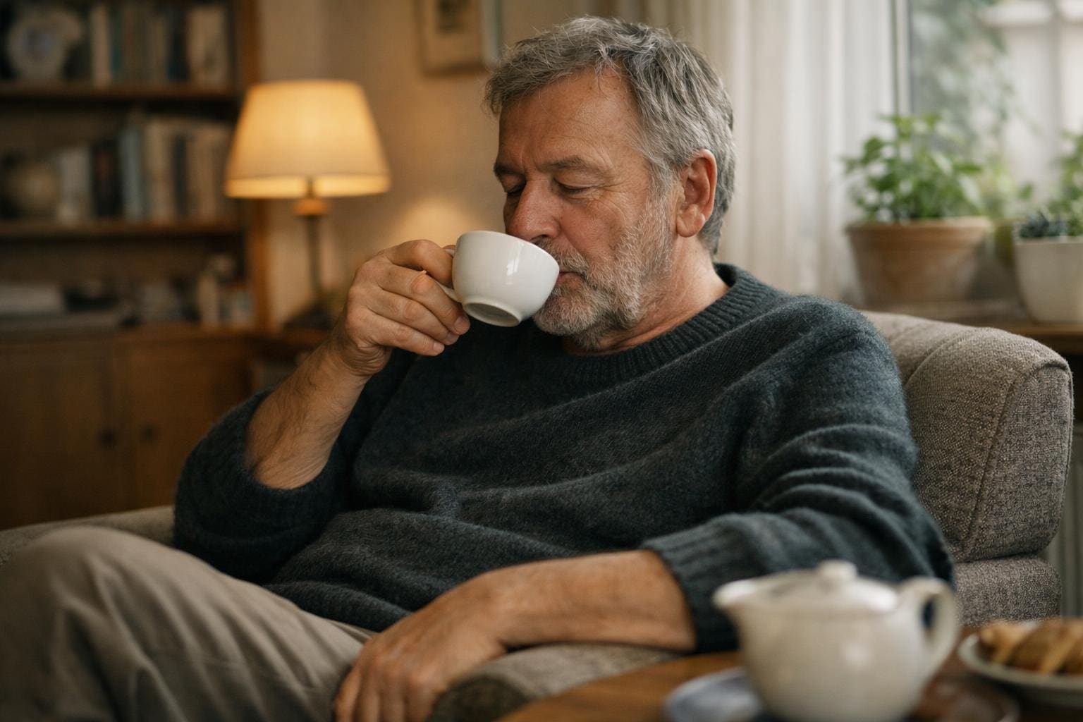 Senior trinkt langsam aus einem Becher in ruhiger Atmosphäre Senior trinkt langsam aus einem Becher in ruhiger Atmosphäre