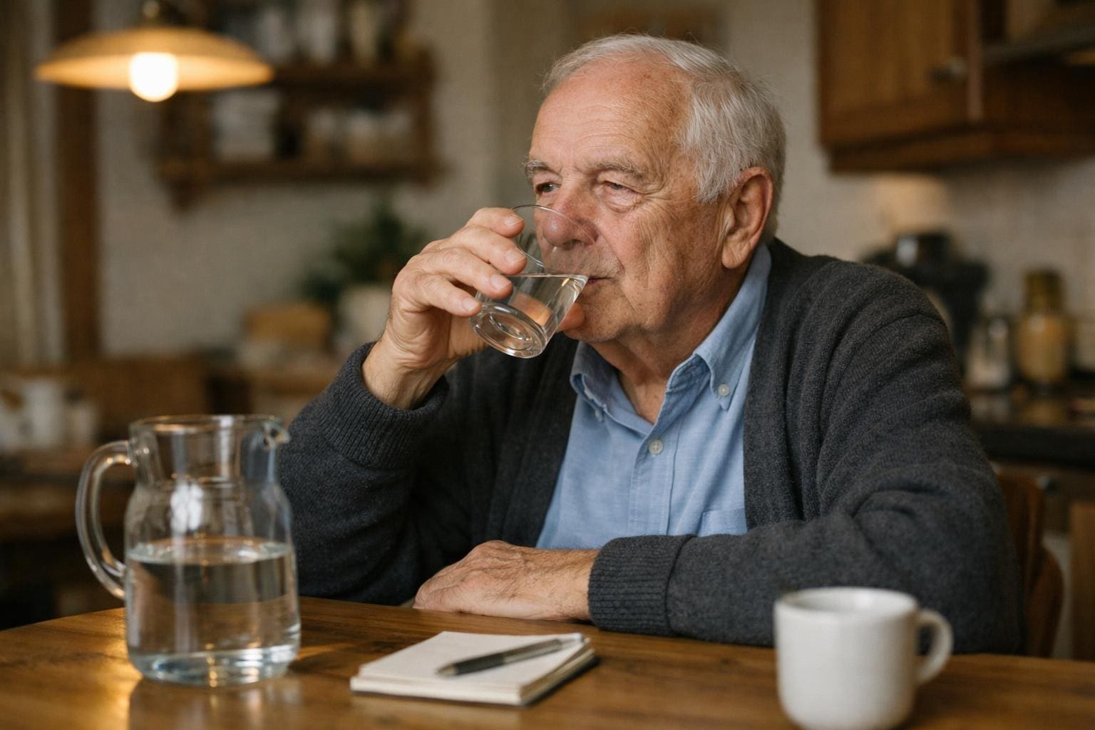 Aeltere Person trinkt ein Glas Wasser am Tisch Aeltere Person trinkt ein Glas Wasser am Tisch