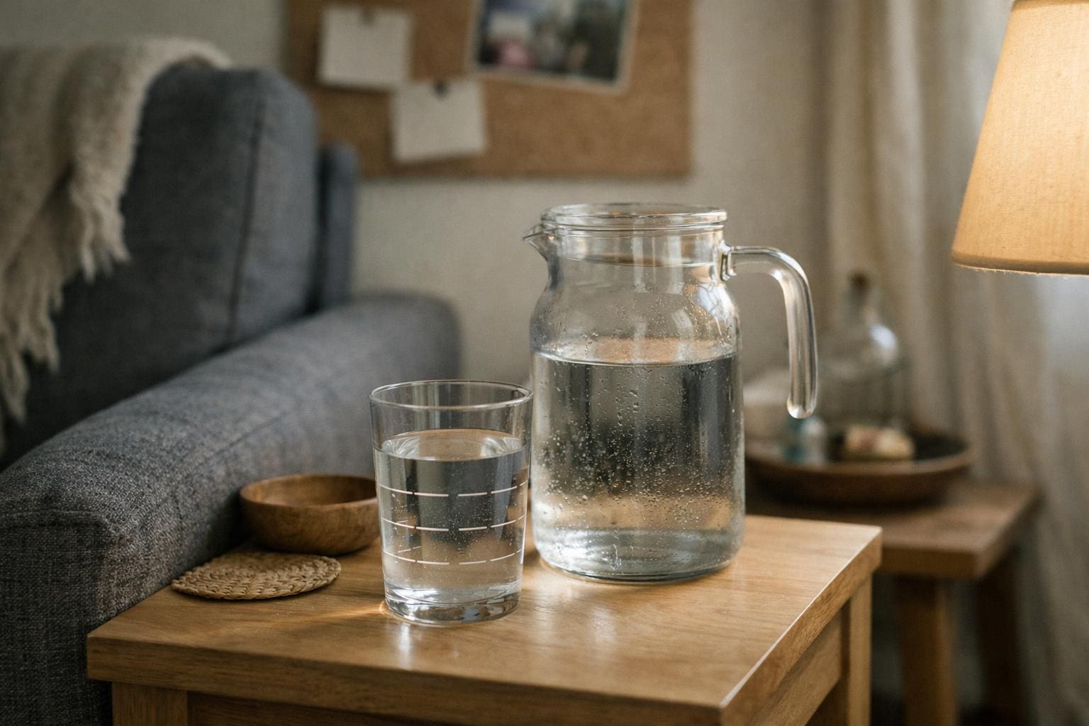 Nahaufnahme von Wasserkrug und Glas als Erinnerung ans Trinken Nahaufnahme von Wasserkrug und Glas als Erinnerung ans Trinken